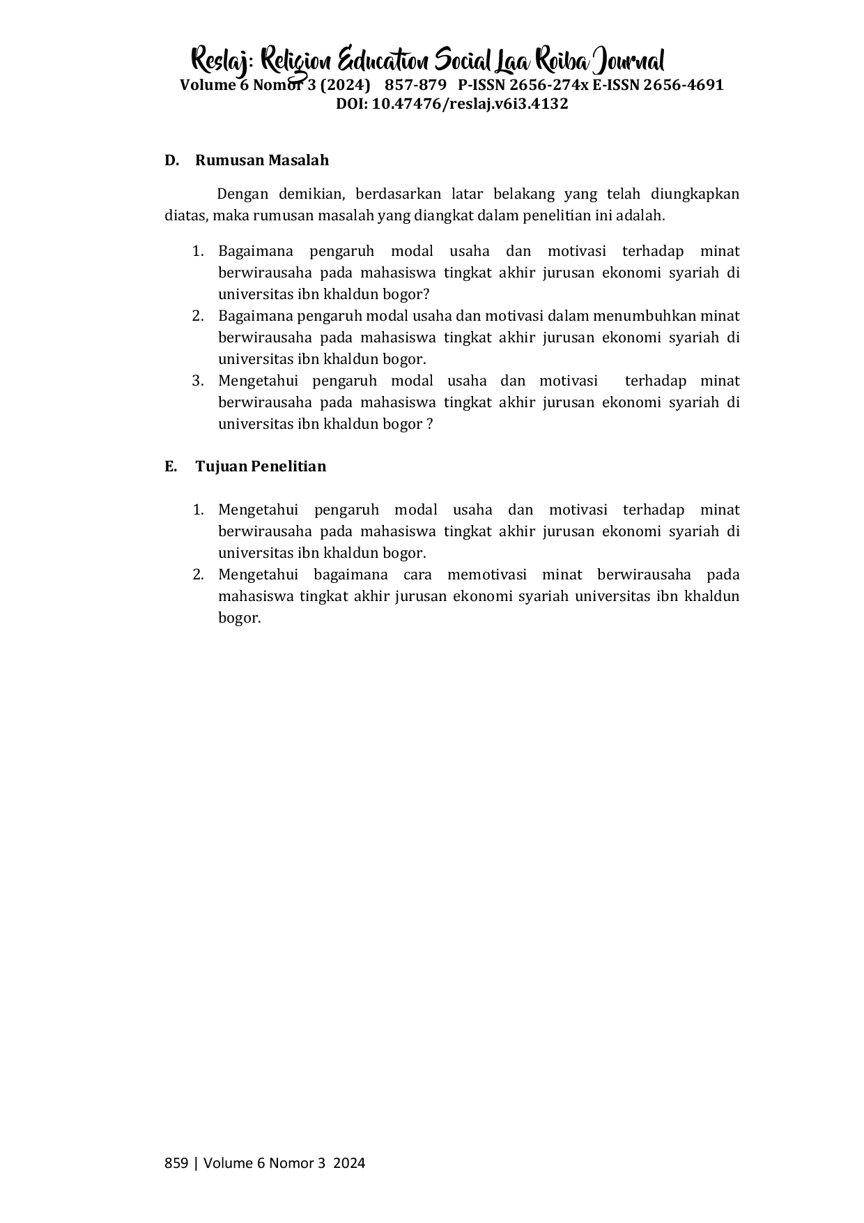 JURIS Pengaruh Modal Usaha dan Motivasi terhadap Minat Berwirausaha pada Mahasiswa Tingkat Akhir Ekonomi Syariah Universitas Ibn Khaldun Bogor