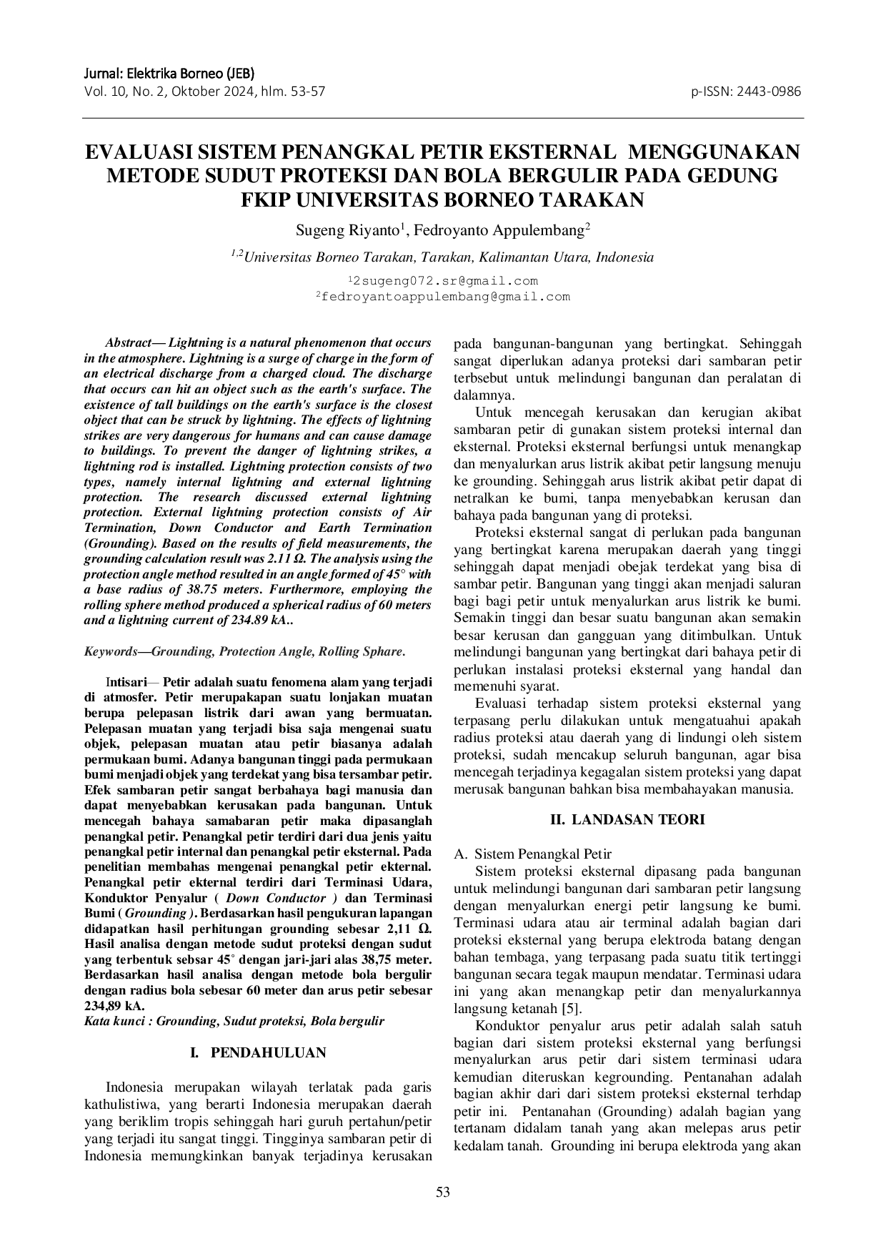 JURIS Evaluasi Sistem Penangkal Petir Eksternal Menggunakan Metode Sudut Proteksi Dan Bola Bergulir Pada Gedung Fkip Universitas Borneo Tarakan
