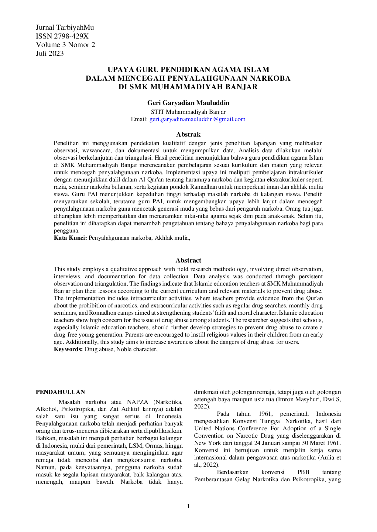 JURIS Upaya Guru Pendidikan Agama Islam Dalam Mencegah Penyalahgunaan Narkoba Di Smk Muhammadiyah Banjar