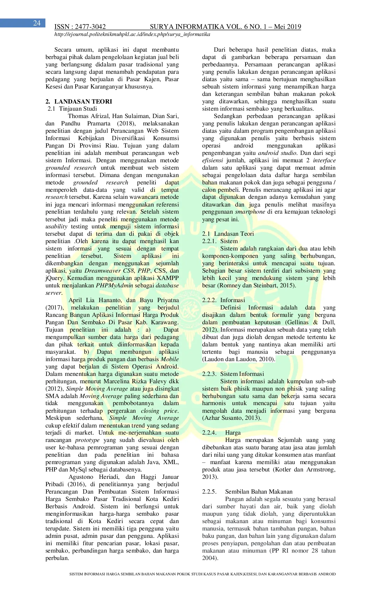 JURIS Sistem Informasi Harga Sembilan Bahan Makanan Pokok Studi Kasus Pasar Kajen Kesesi Dan Karanganyar Berbasis Android