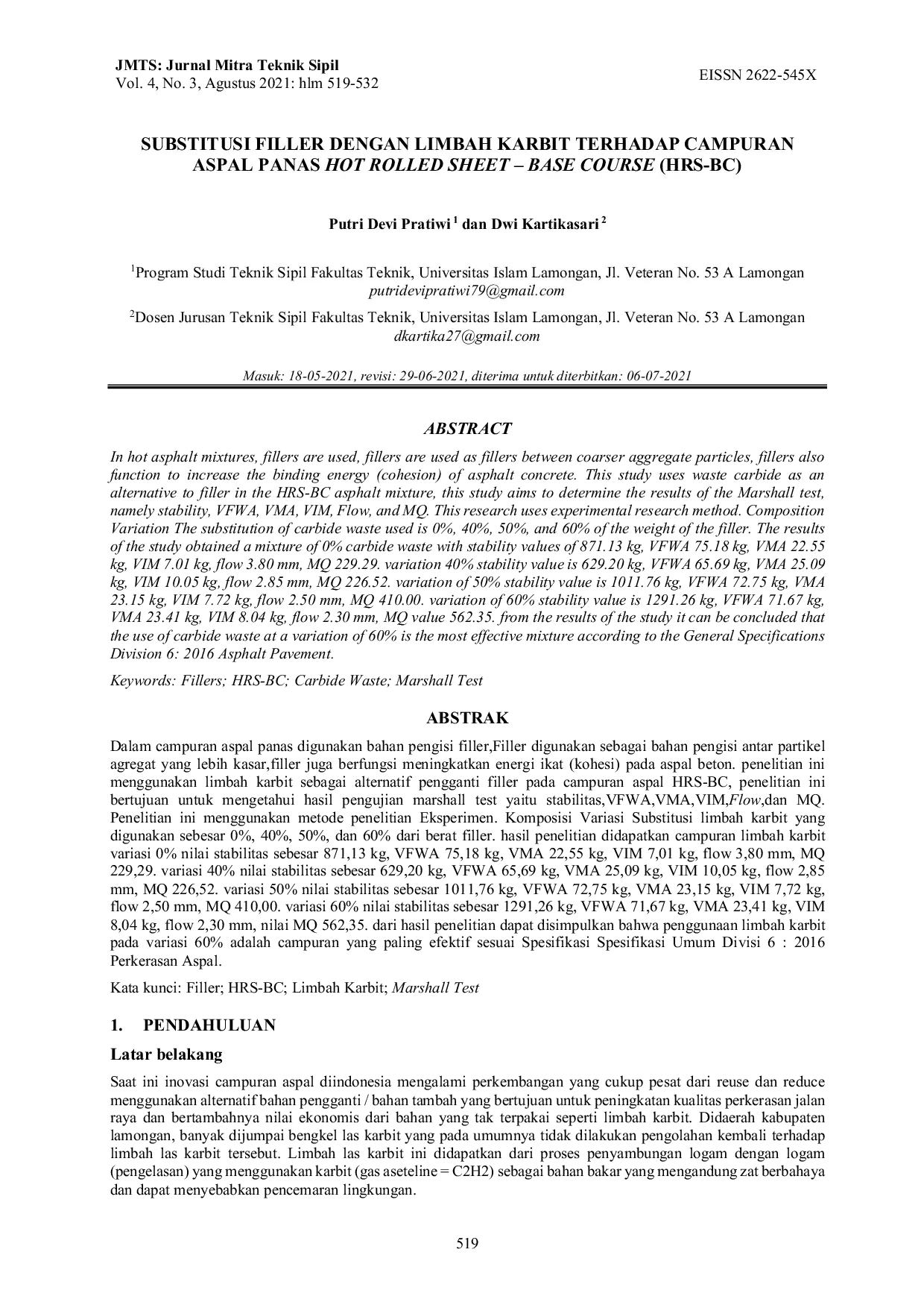 JURIS Substitusi Filler dengan Limbah Karbit terhadap Campuran Aspal Panas Hot Rolled Sheet Base Course HRS BC
