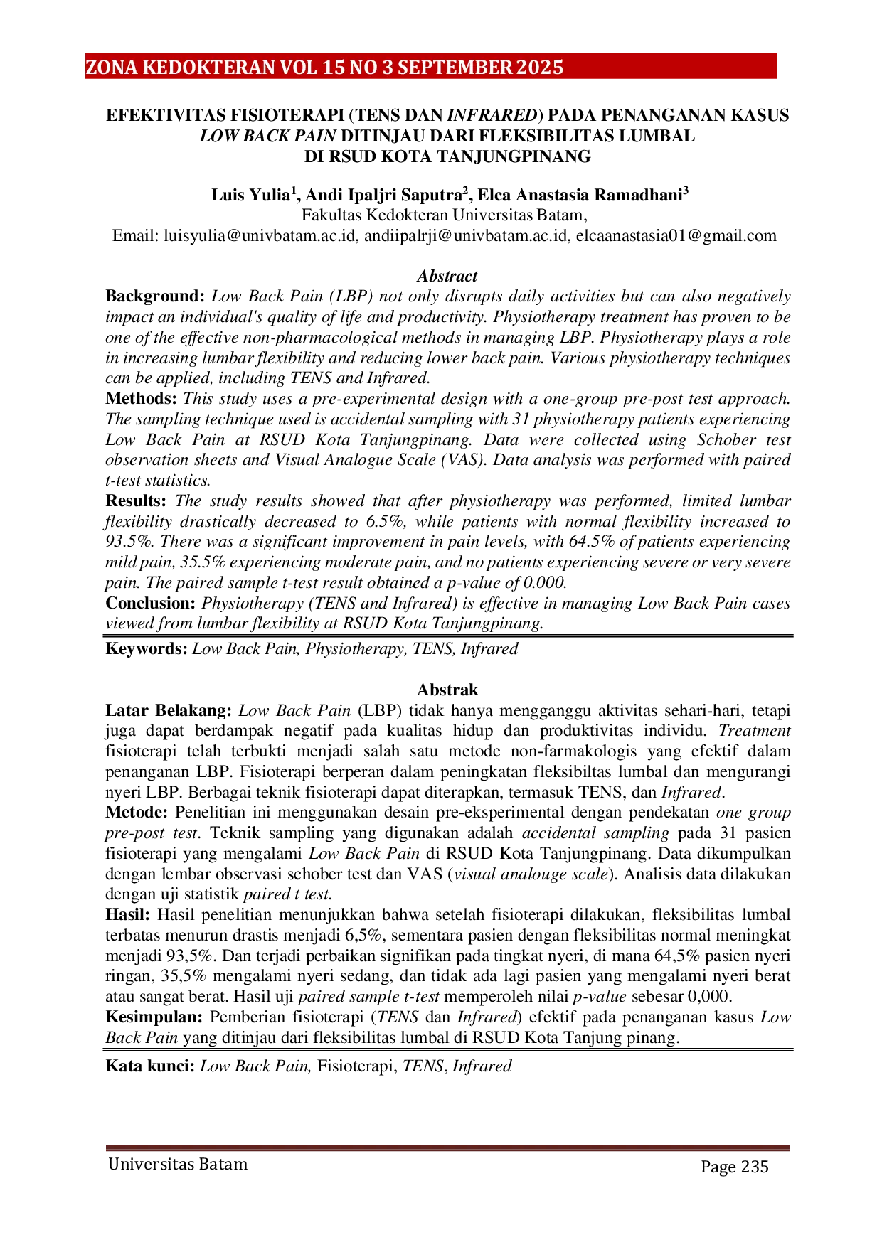 JURIS Efektivitas Fisioterapi TENS dan Infrared Pada Penanganan Kasus Low Back Pain Ditinjau Dari Fleksibilitas Lumbal Di Rsud Kota Tanjungpinang