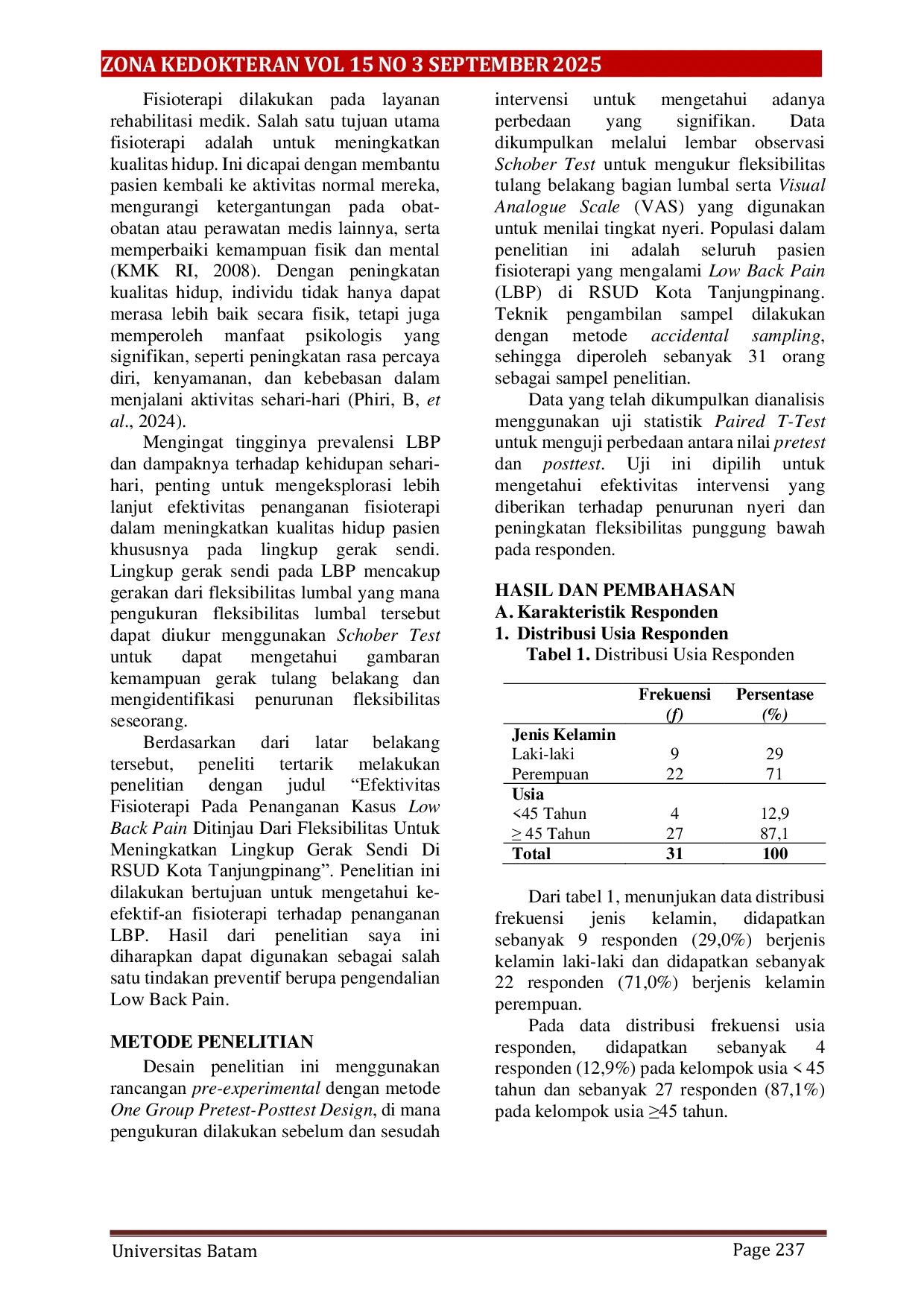 JURIS Efektivitas Fisioterapi TENS dan Infrared Pada Penanganan Kasus Low Back Pain Ditinjau Dari Fleksibilitas Lumbal Di Rsud Kota Tanjungpinang