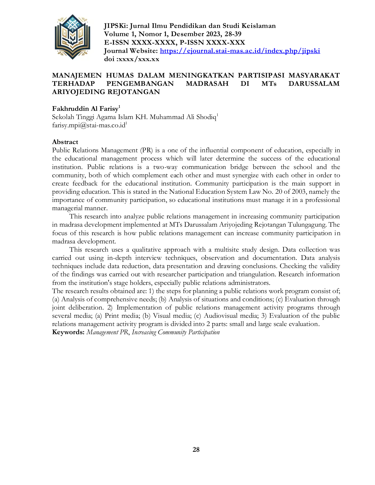JURIS MANAJEMEN HUMAS DALAM MENINGKATKAN PARTISIPASI MASYARAKAT TERHADAP PENGEMBANGAN MADRASAH DI MTs DARUSSALAM ARIYOJEDING REJOTANGAN