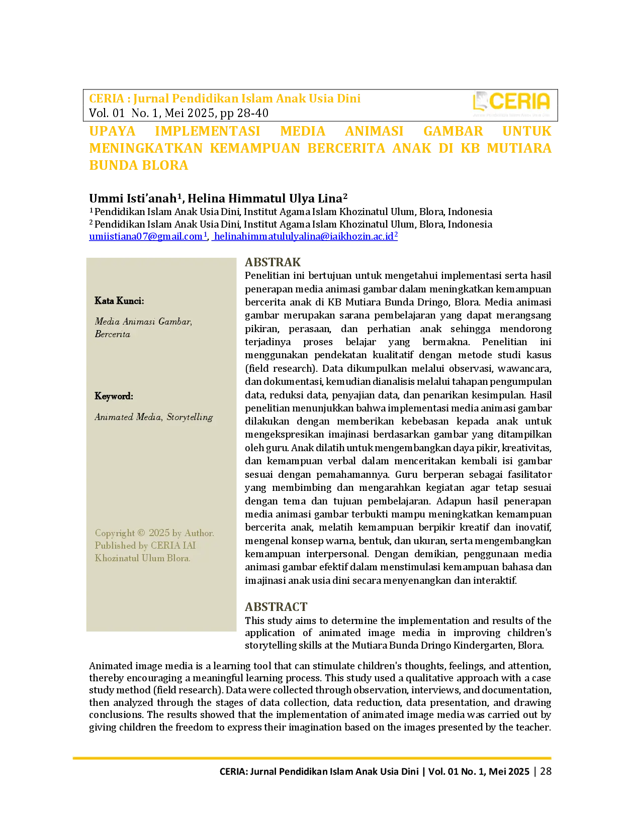 JURIS Implementasi Media Animasi Gambar untuk Upaya Meningkatkan Kemampuan Bercerita Anak di KB Mutiara Bunda Blora