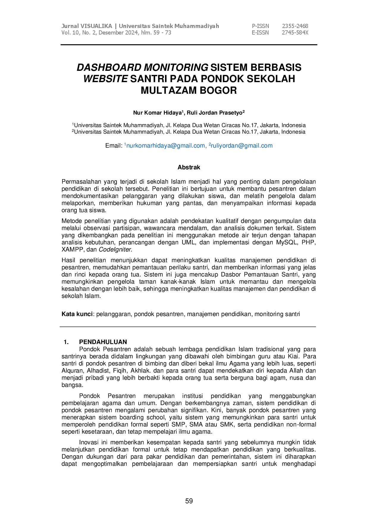 juris Dashboard Monitoring Sistem Berbasis Website Santri pada Pondok Sekolah Multazam Bogor