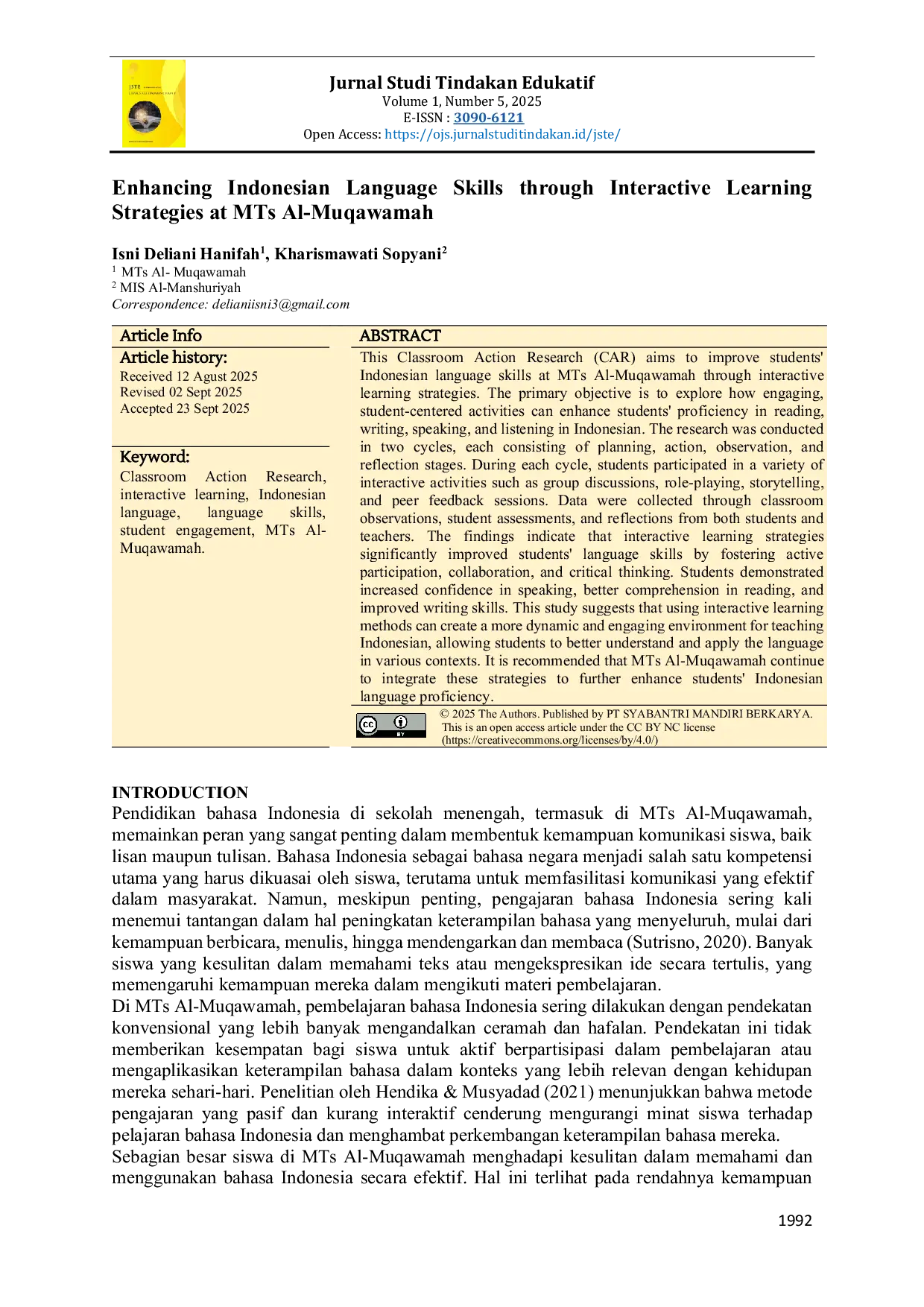 JURIS Enhancing Indonesian Language Skills through Interactive Learning Strategies at MTs Al Muqawamah