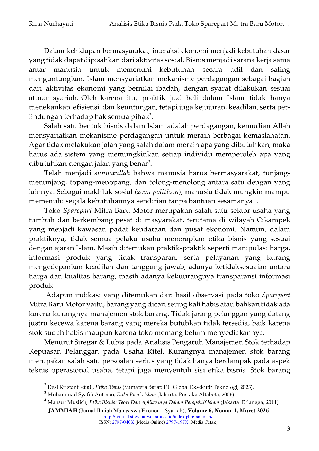 JURIS Analisis Etika Bisnis Pada Toko Sparepart Mitra Baru Motor Dalam Perspektif Ekonomi Syariah