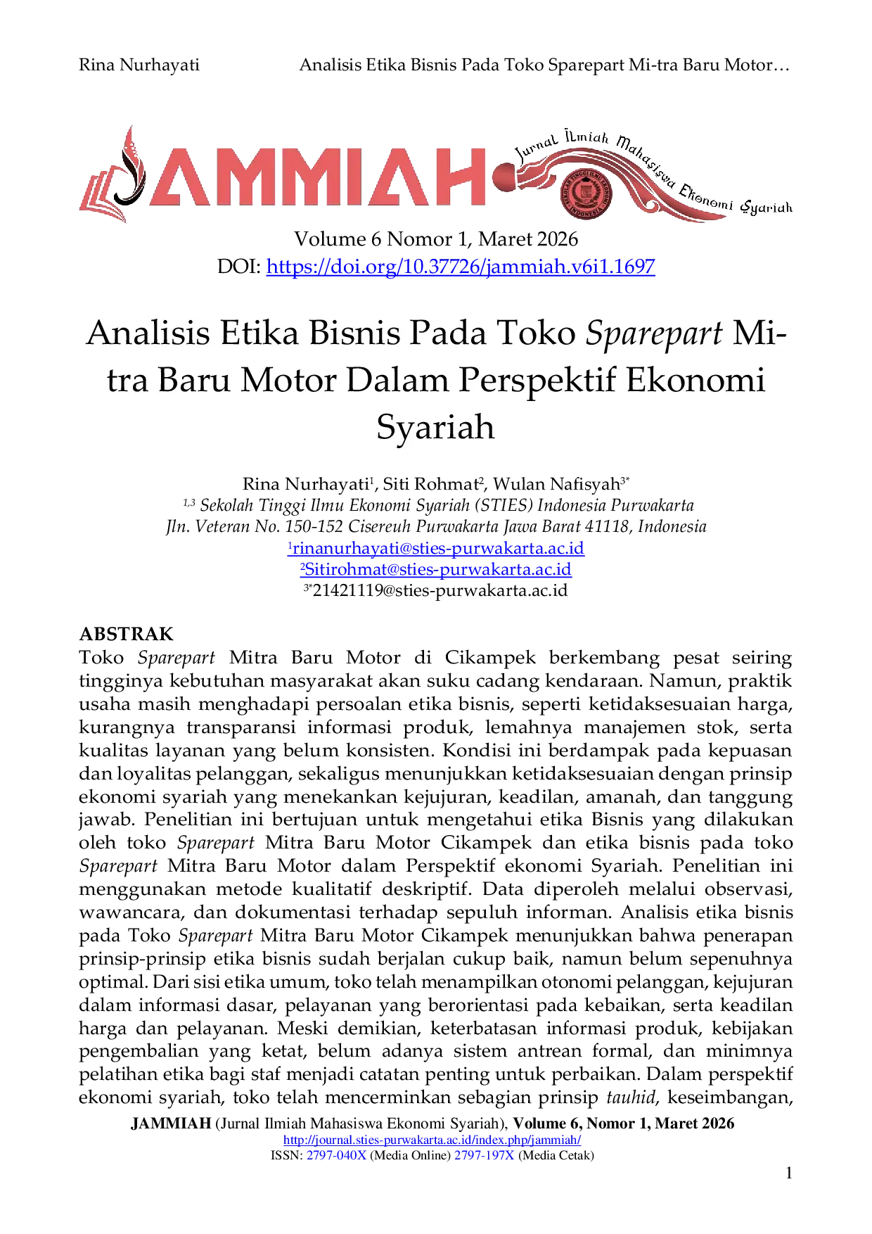 JURIS Analisis Etika Bisnis Pada Toko Sparepart Mitra Baru Motor Dalam Perspektif Ekonomi Syariah