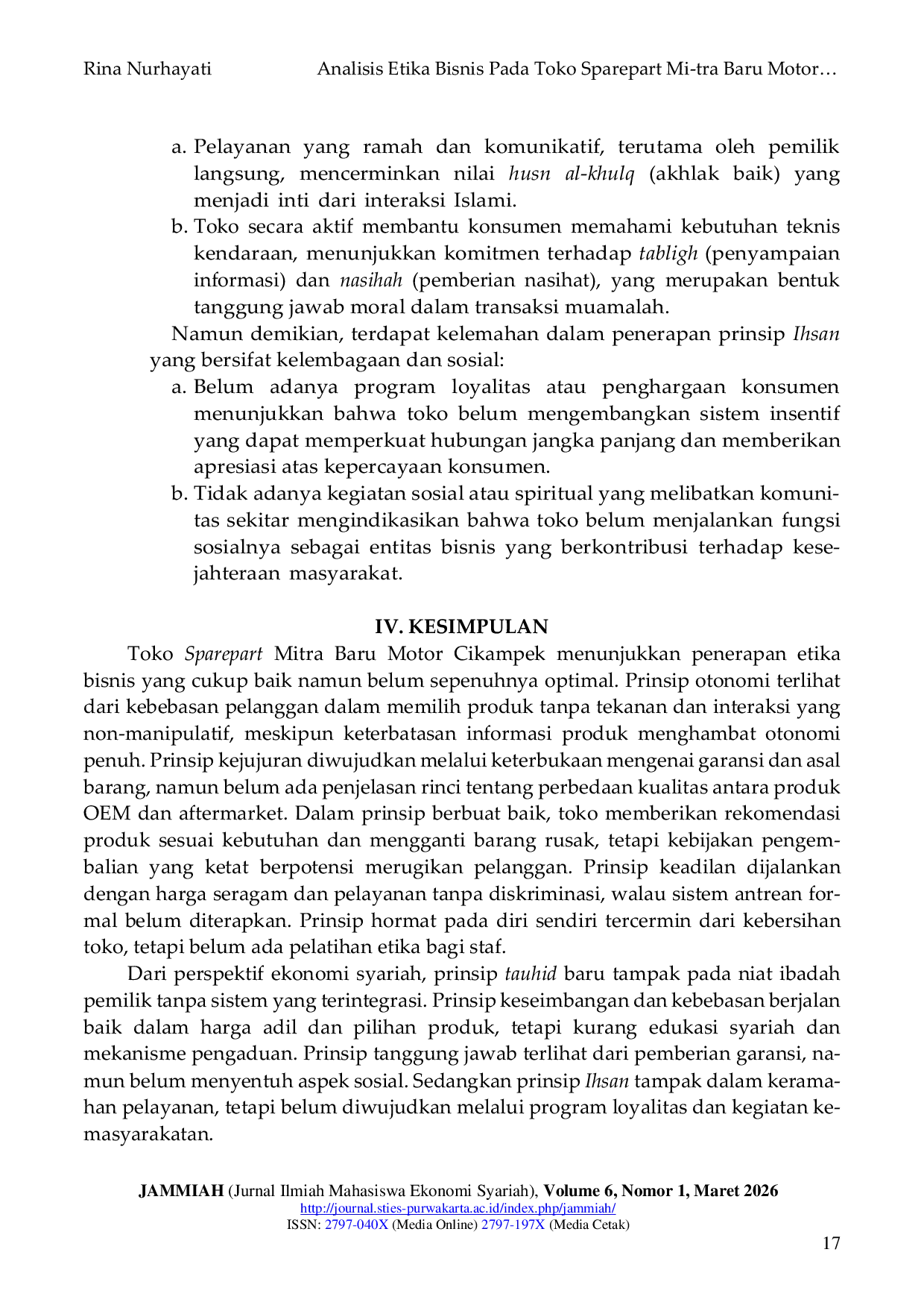 JURIS Analisis Etika Bisnis Pada Toko Sparepart Mitra Baru Motor Dalam Perspektif Ekonomi Syariah