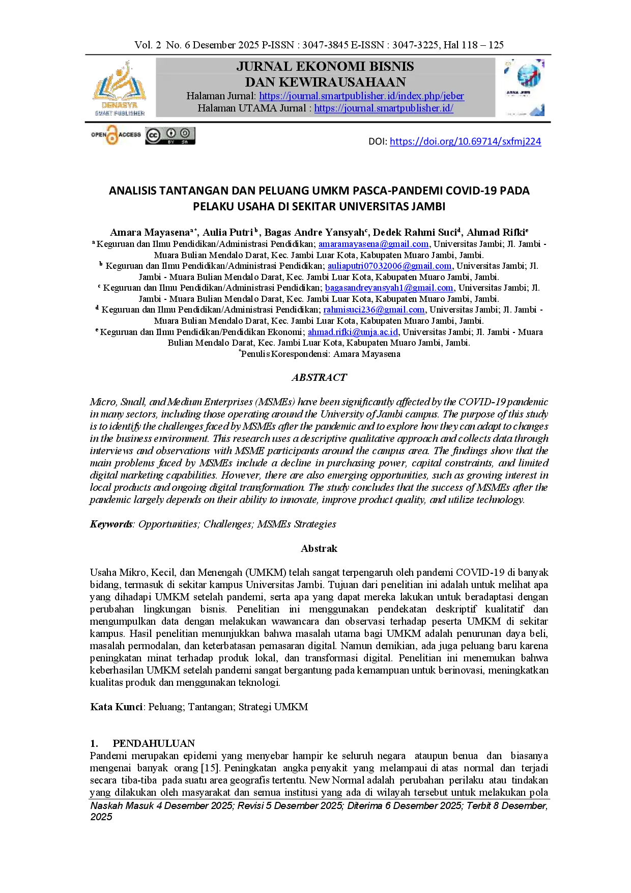 juris Analisis Tantangan Dan Peluang UMKM Pasca Pandemi Covid 19 Pada Pelaku Usaha Di Sekitar Universitas Jambi