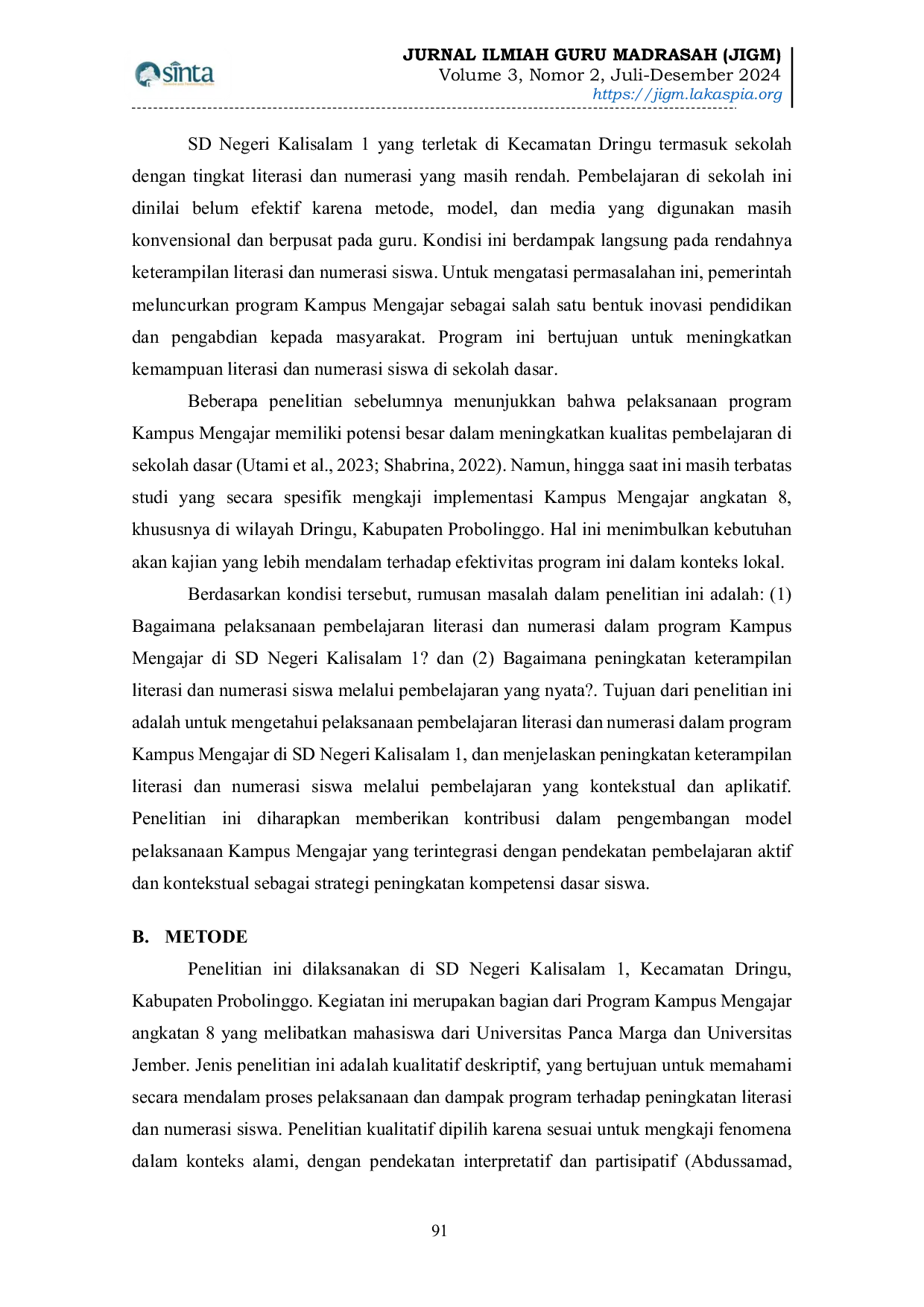 JURIS Kampus Mengajar dan Pembelajaran Kontekstual untuk Peningkatan Literasi Numerasi di SD Negeri Kalisalam 1 Dringu