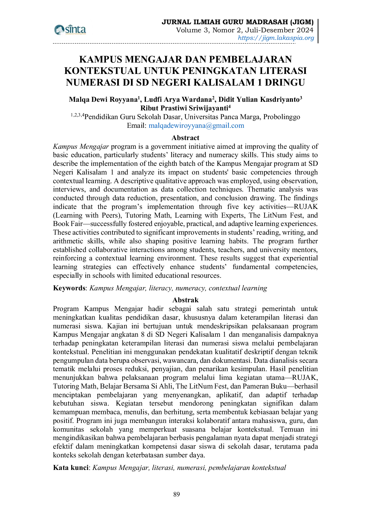 JURIS Kampus Mengajar dan Pembelajaran Kontekstual untuk Peningkatan Literasi Numerasi di SD Negeri Kalisalam 1 Dringu