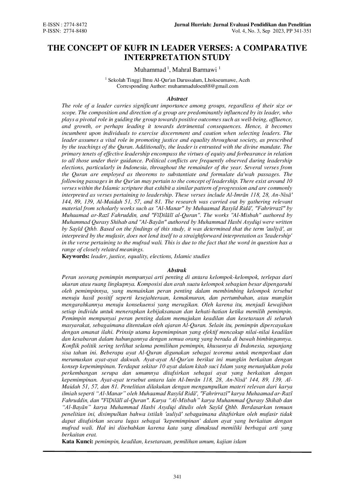 JURIS The Concept of Kufr in Leader Verses A Comparative Interpretation Study