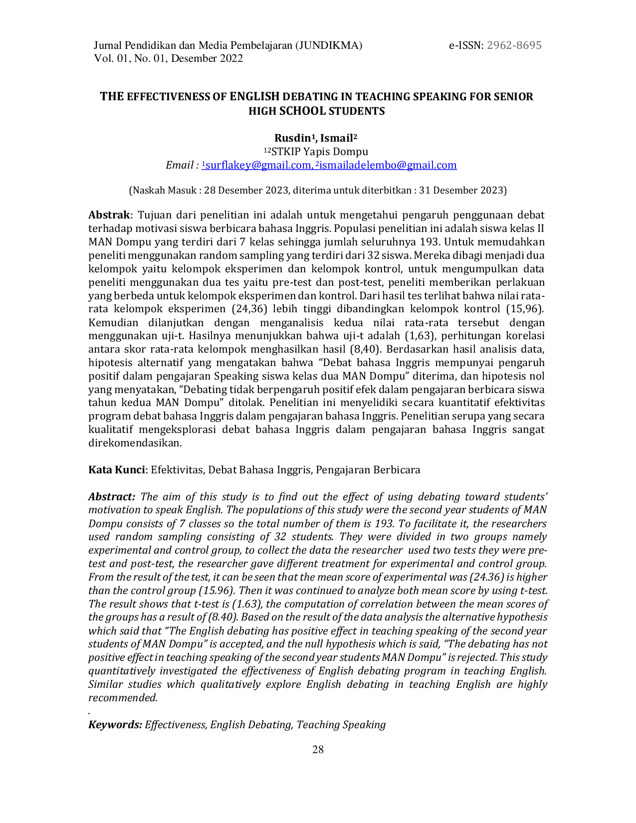 JURIS The Effectiveness of English Debating In Teaching Speaking For Senior High School Students
