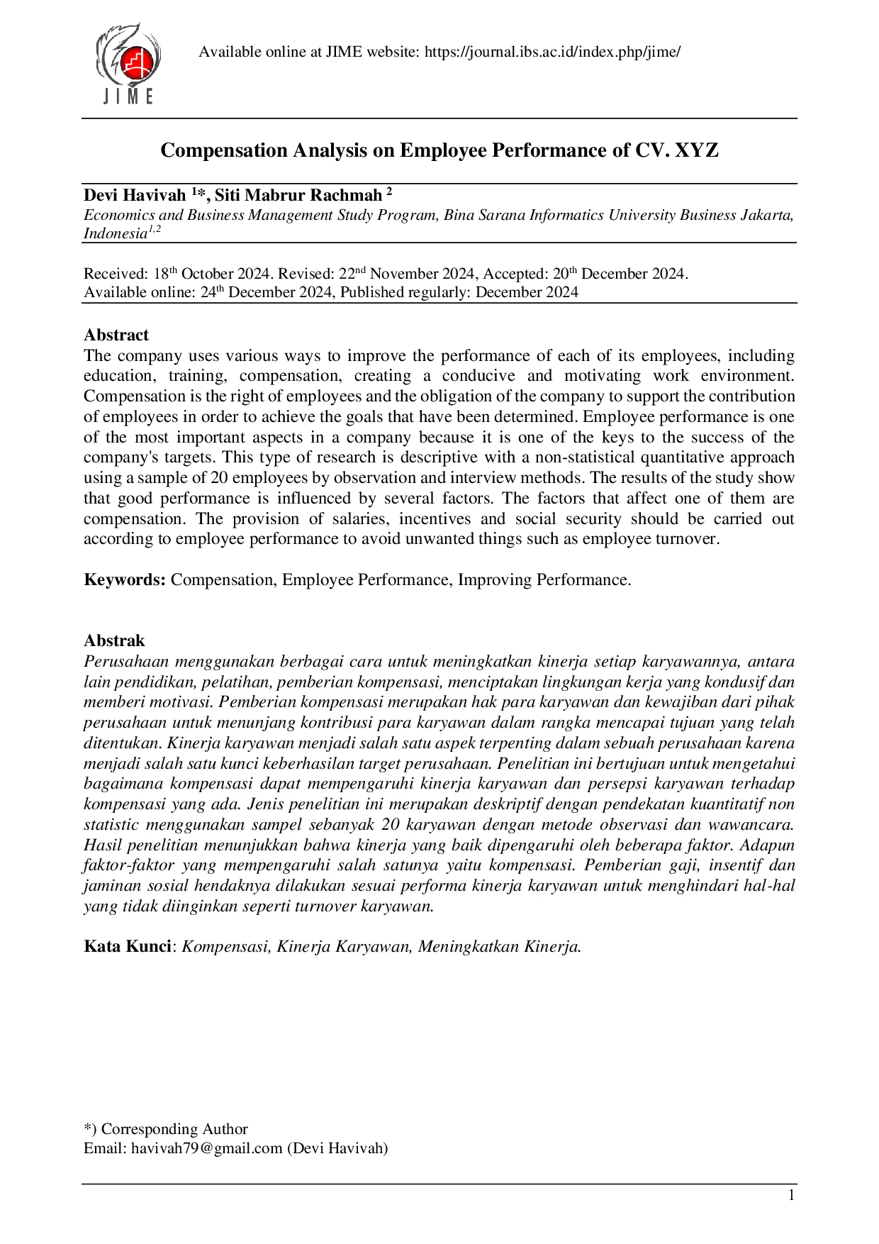 JURIS Compensation Analysis on Employee Performance of CV XYZ