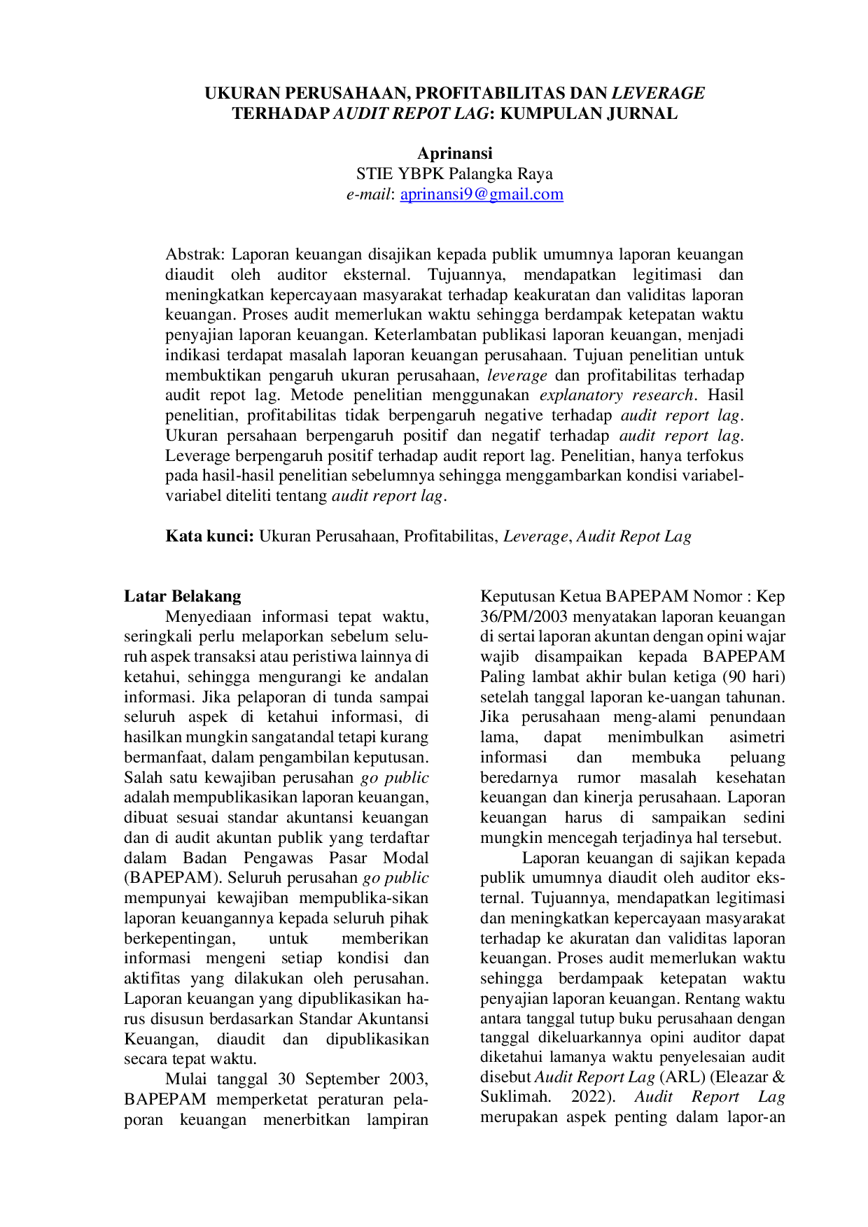 JURIS Ukuran Perusahaan Profitabilitas Dan Leverage Terhadap Audit Report Lag Kumpulan Jurnal