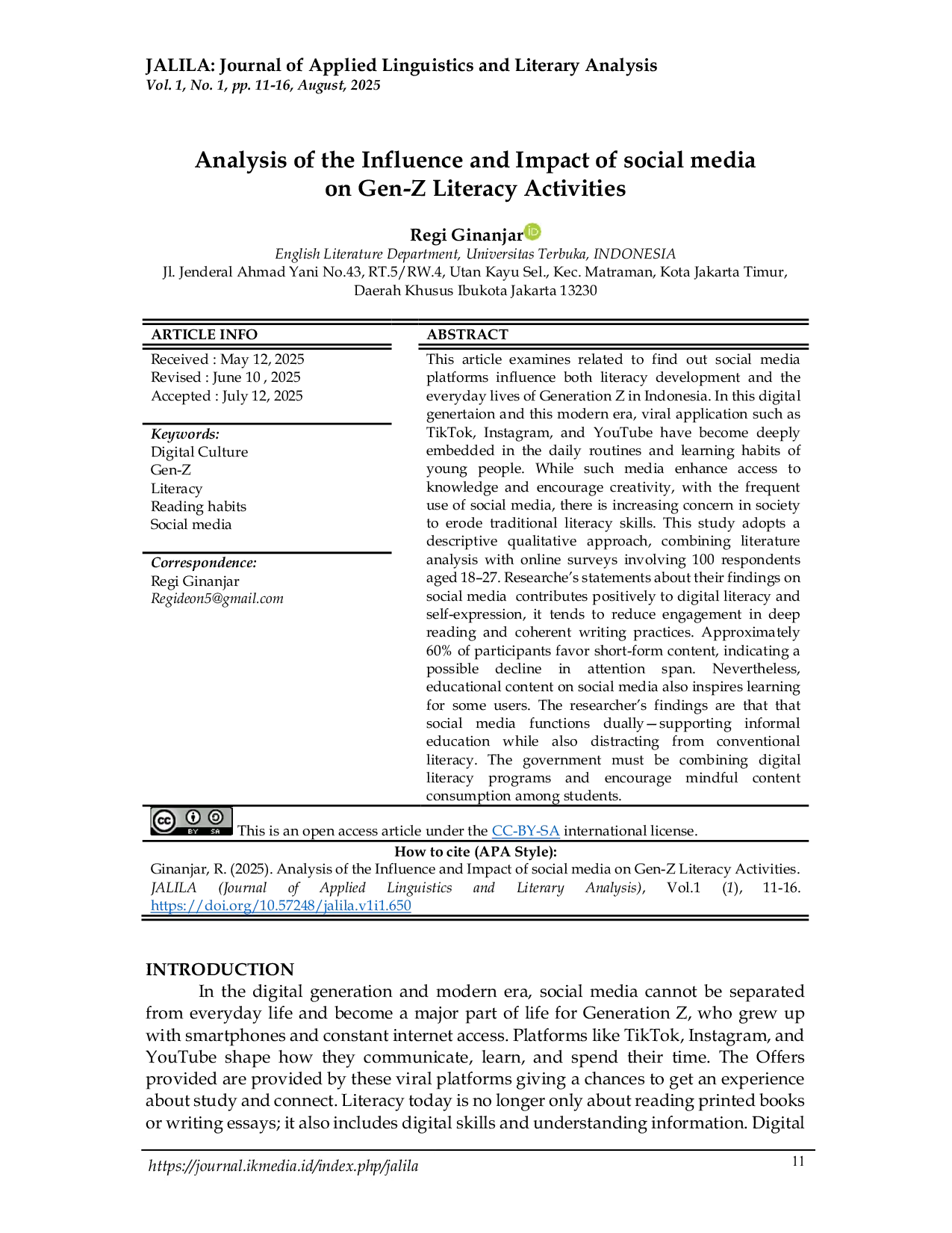 JURIS Analysis of the Influence and Impact of social media on Gen Z Literacy Activities