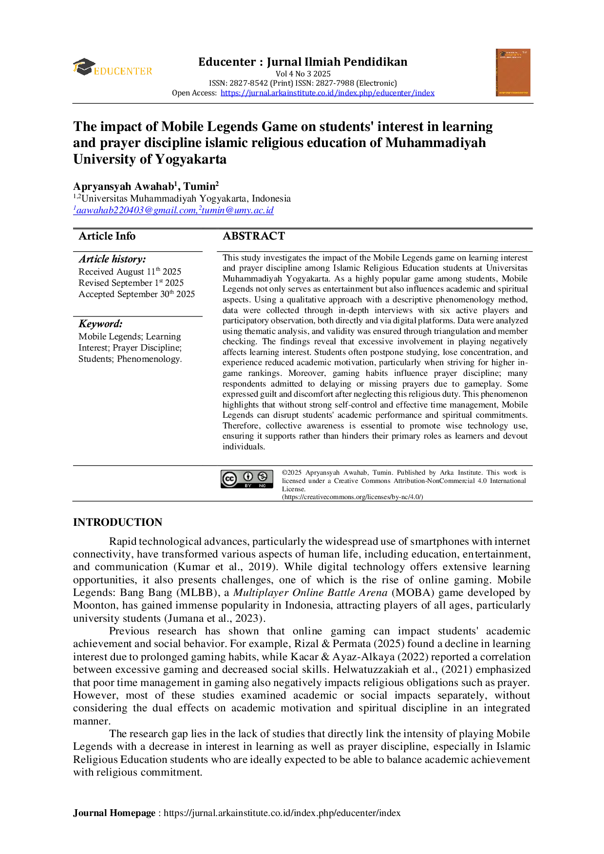JURIS The impact of Mobile Legends Game on students interest in learning and prayer discipline islamic religious education of Muhammadiyah University of Yogyakarta
