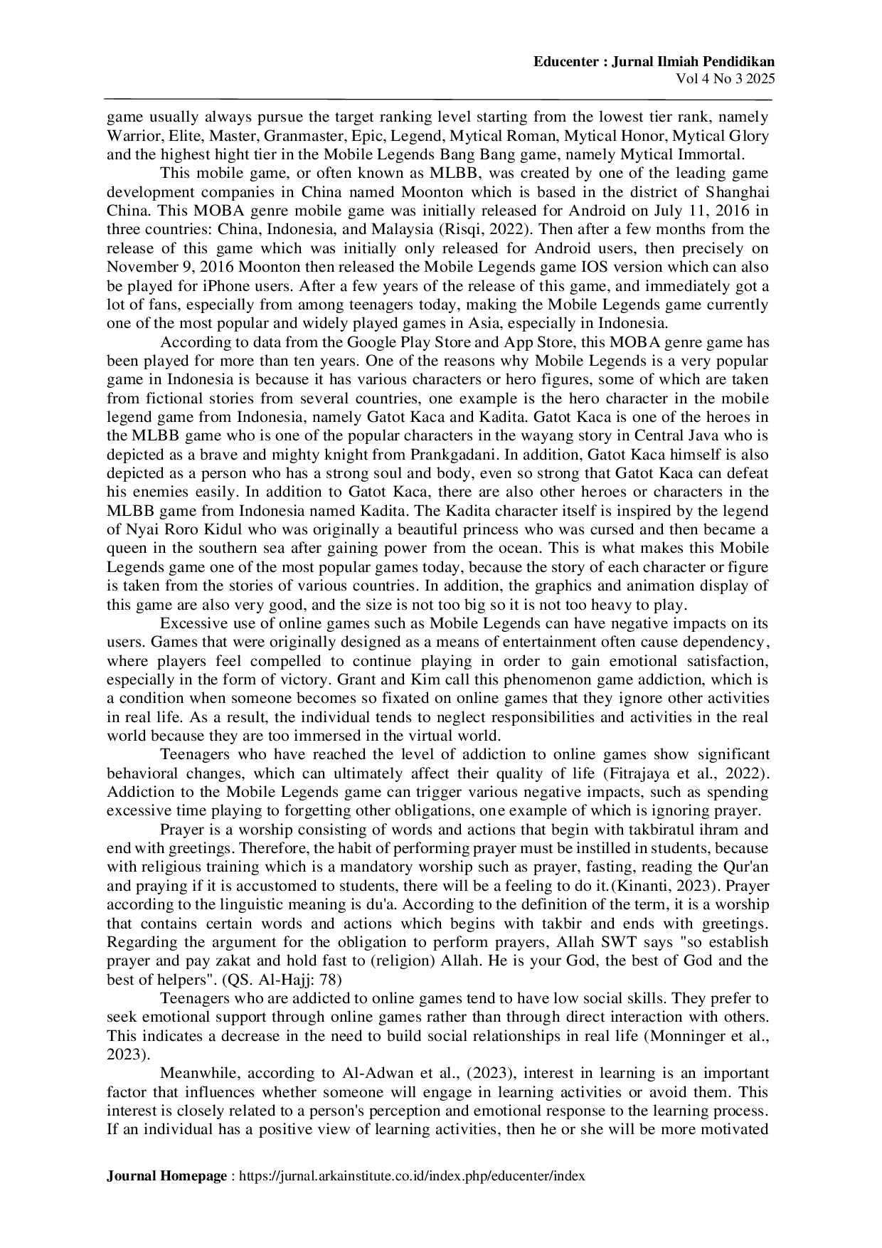 JURIS The impact of Mobile Legends Game on students interest in learning and prayer discipline islamic religious education of Muhammadiyah University of Yogyakarta