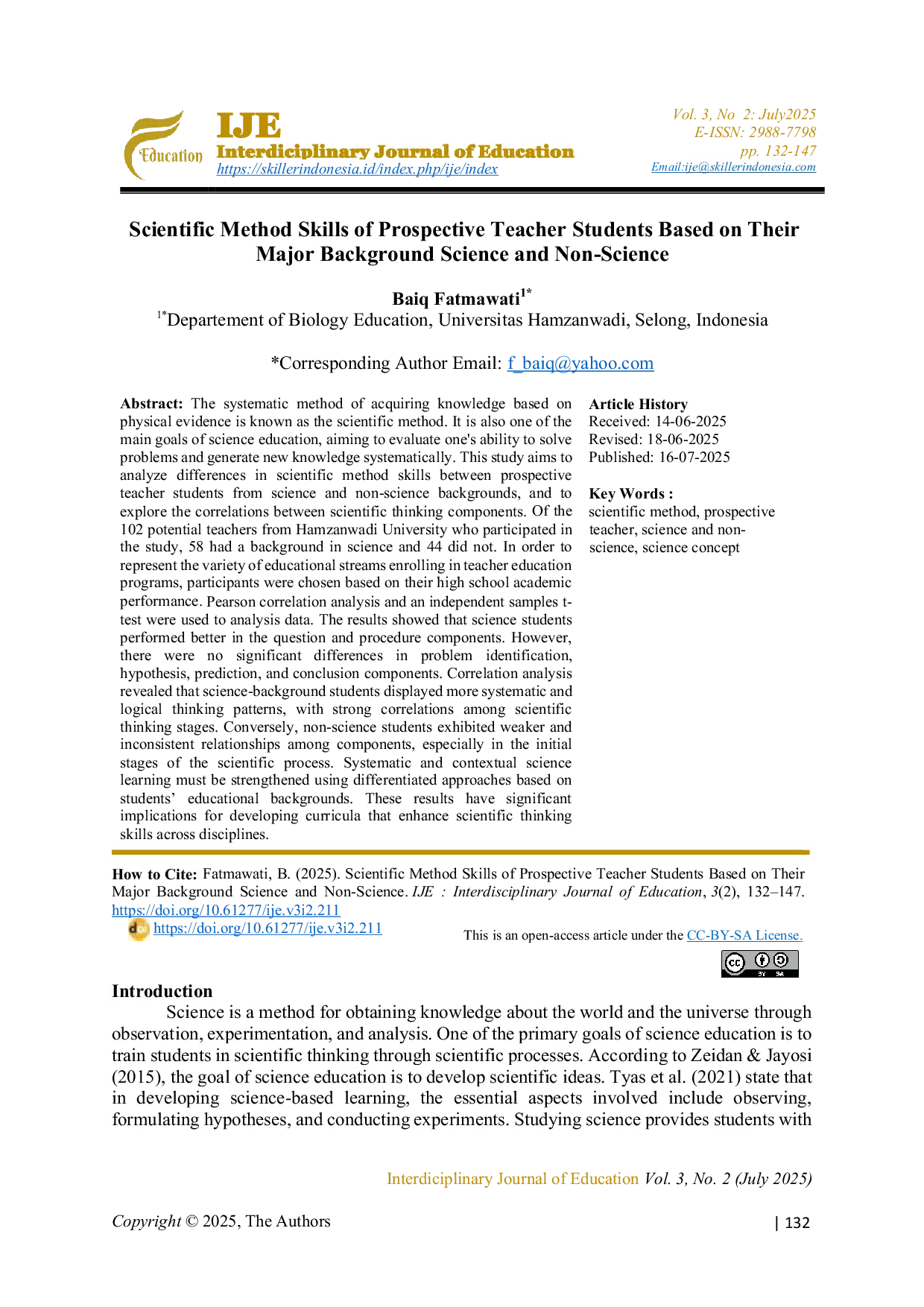 JURIS Scientific Method Skills of Prospective Teacher Students Based on Their Major Background Science and Non Science