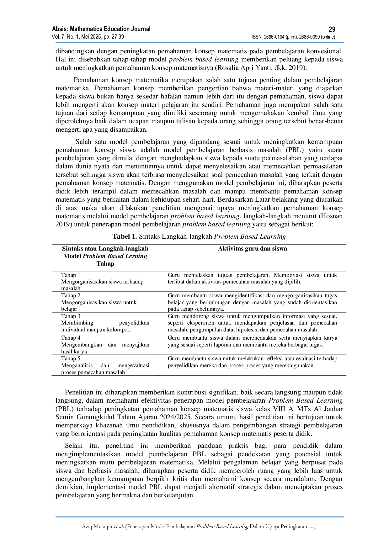 JURIS Penerapan Model Pembelajaran Problem Based Learning Dalam Upaya Peningkatan Pemahaman Konsep Matematis Siswa Kelas VIII