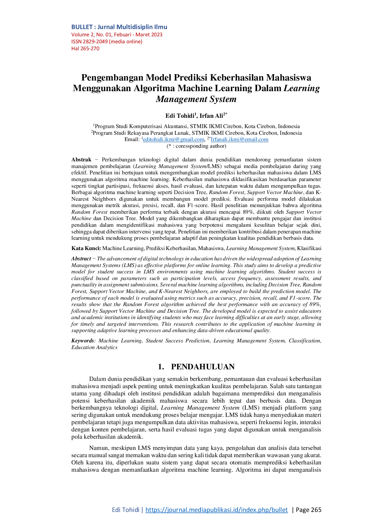 JURIS Pengembangan Model Prediksi Keberhasilan Mahasiswa Menggunakan Algoritma Machine Learning Dalam Learning Management System