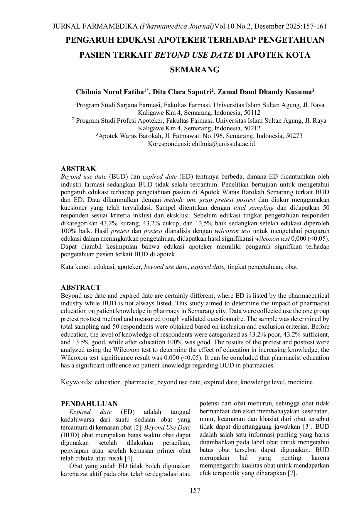 JURIS Pengaruh Edukasi Apoteker Terhadap Pengetahuan Pasien Terkait Beyond Use Date Di Apotek Kota Semarang