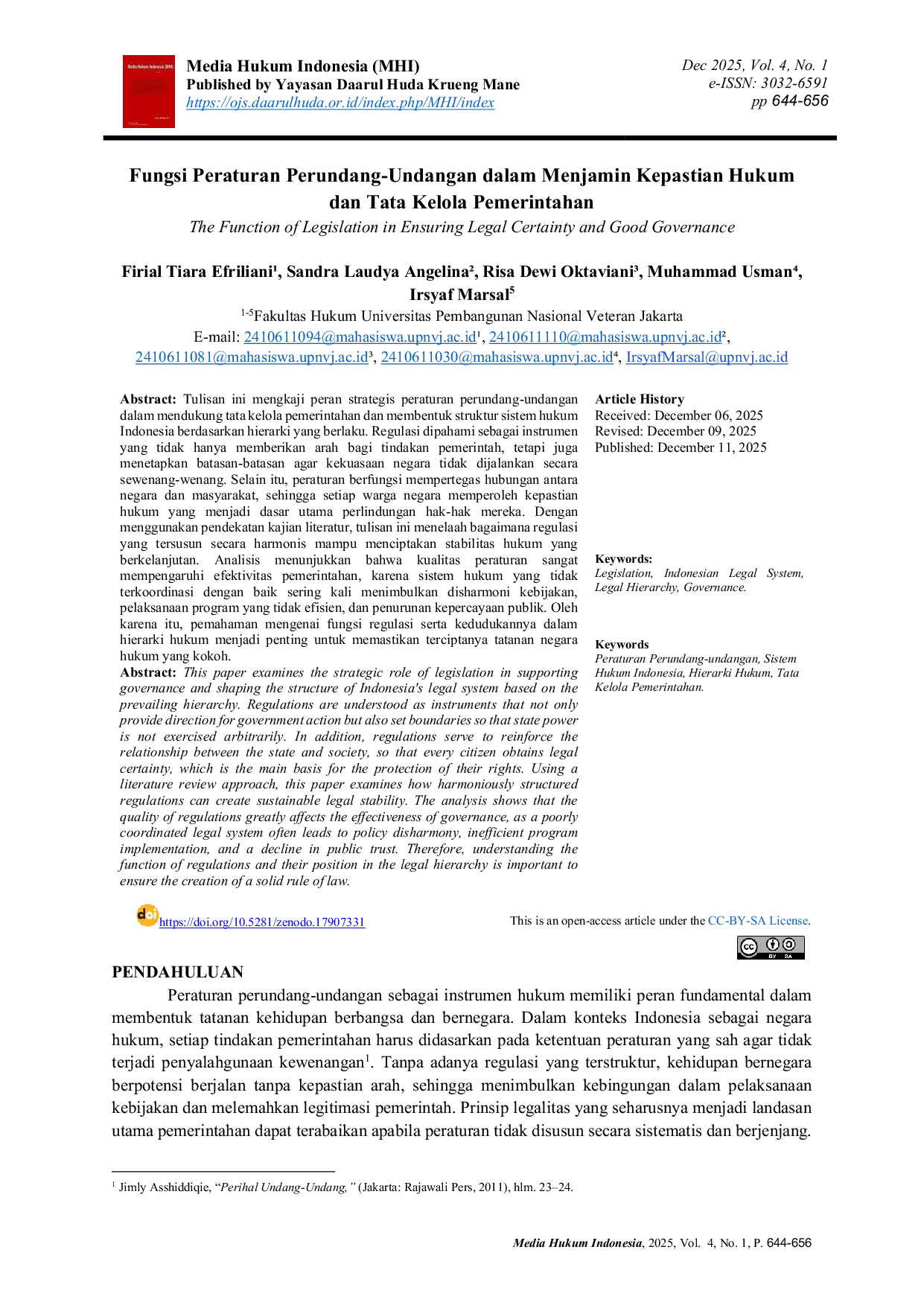 JURIS The Function of Legislation in Ensuring Legal Certainty and Good Governance