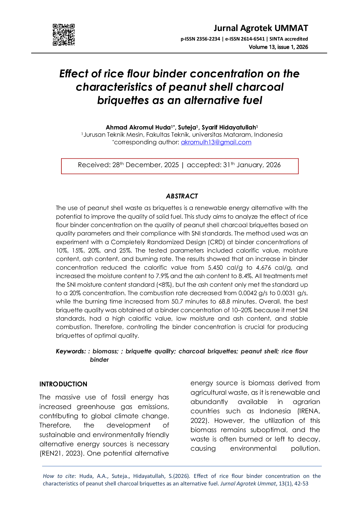 JURIS Effect of rice flour binder concentration on the characteristics of peanut shell charcoal briquettes as an alternative fuel