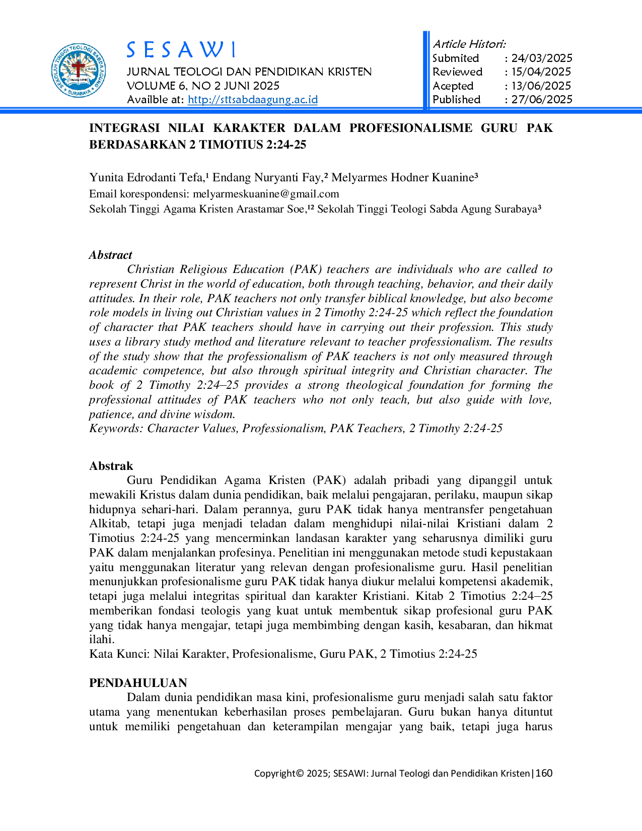 juris Integrasi Nilai Karakter Dalam Profesionalisme Guru PAK Berdasarkan 2 Timotius 2 24 25