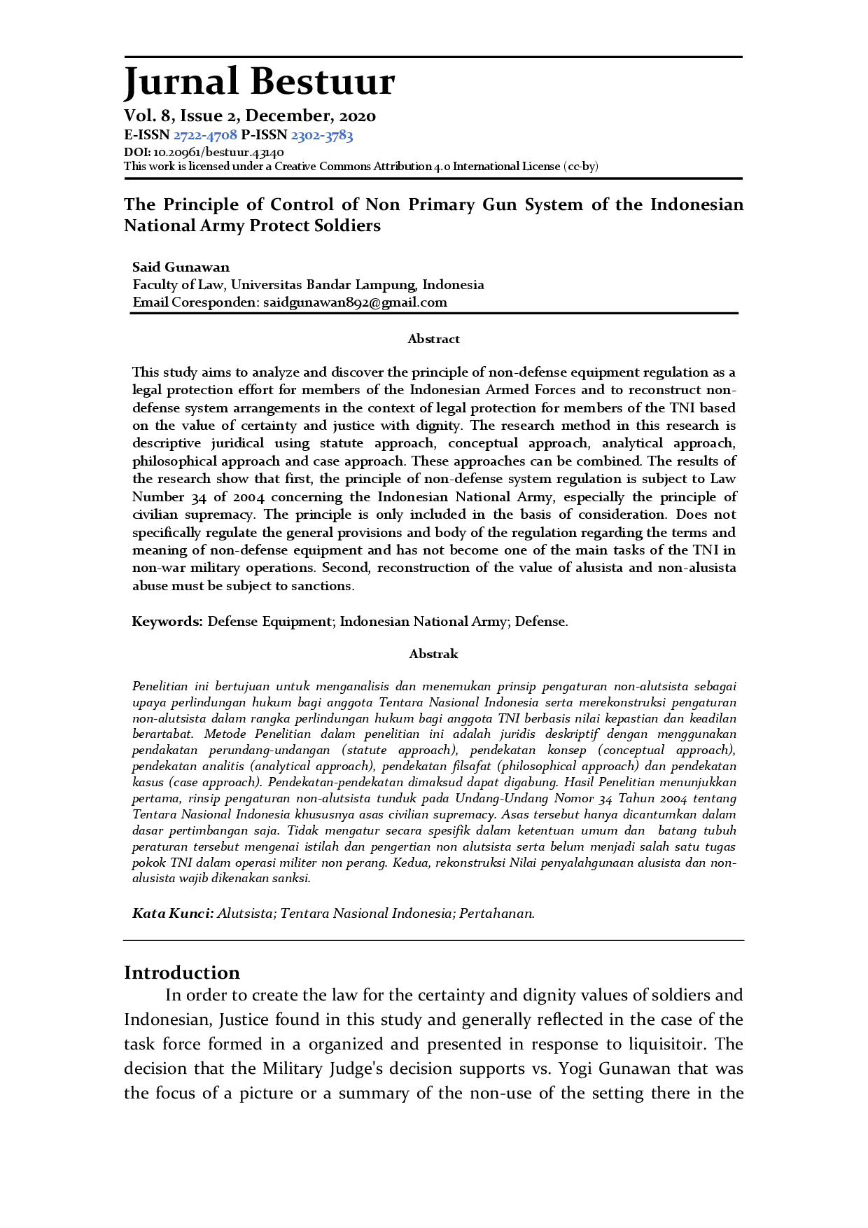 juris The Principle of Control Non Primary Gun System of the Indonesian National Army Protect Soldiers