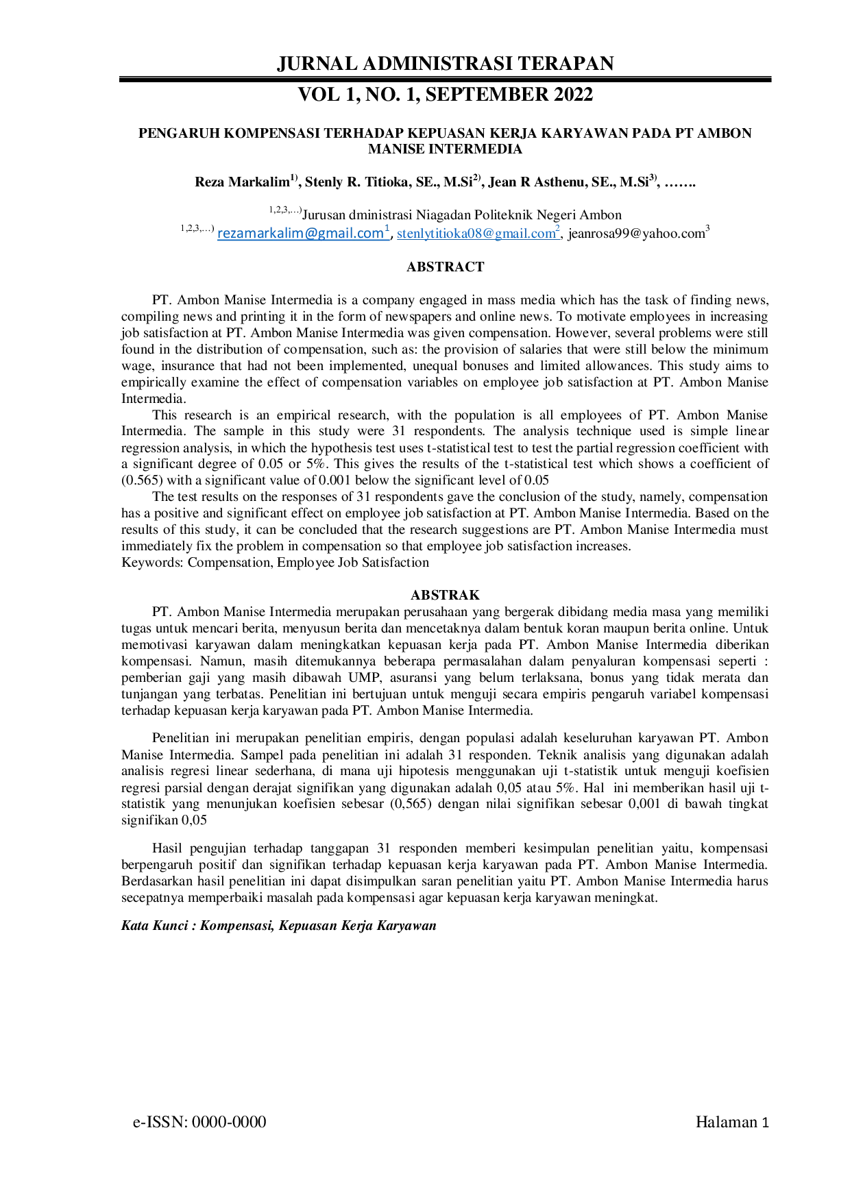 JURIS Pengaruh Kompensasi Terhadap Kepuasan Kerja Karyawan Pada PT Ambon Manise Intermedia
