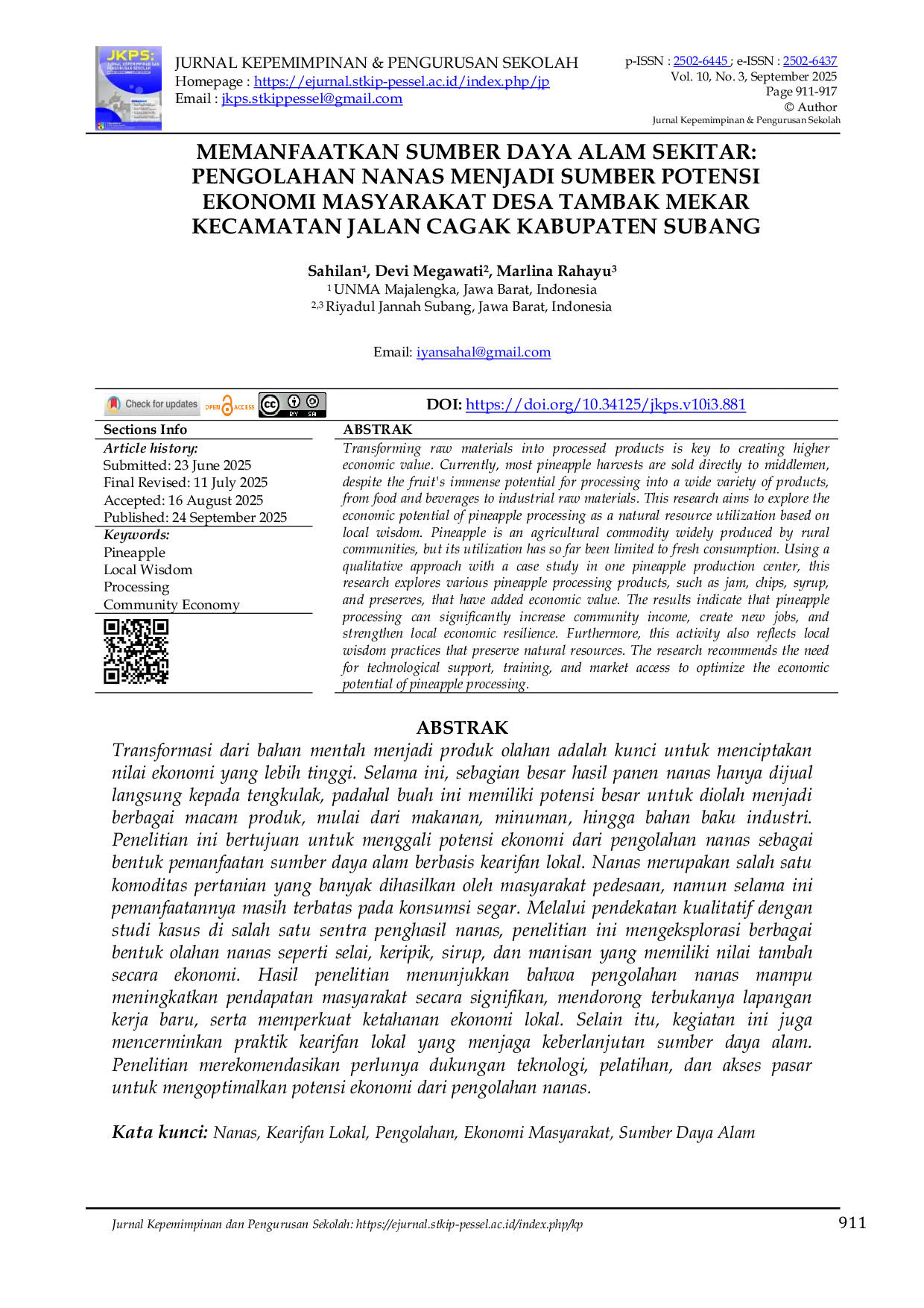 JURIS Memanfaatkan Sumber Daya Alam Sekitar Pengolahan Nanas Menjadi Sumber Potensi Ekonomi Masyarakat Desa Tambak Mekar Kecamatan Jalan Cagak Kabupaten Subang