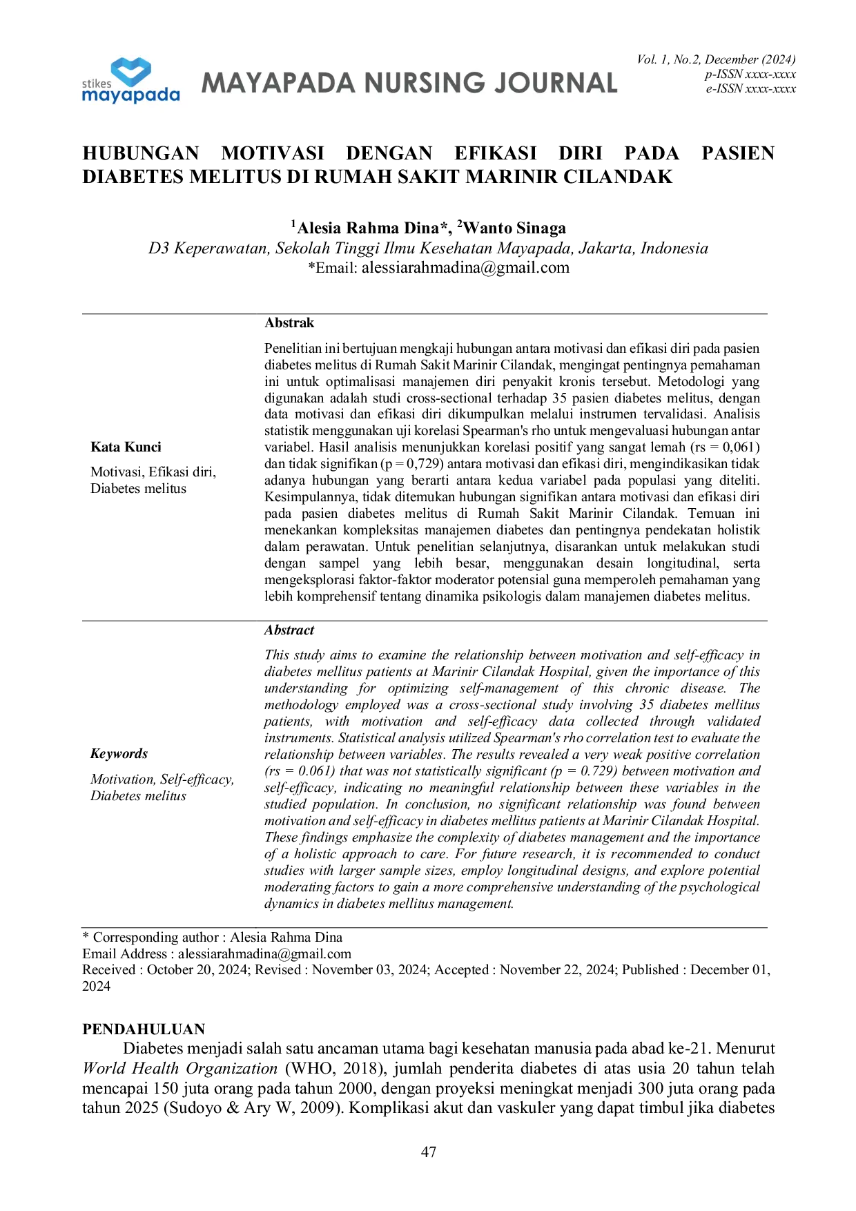 JURIS Hubungan Motivasi Dengan Efikasi Diri Pada Pasien Diabetes Melitus Di Rumah Sakit Marinir Cilandak