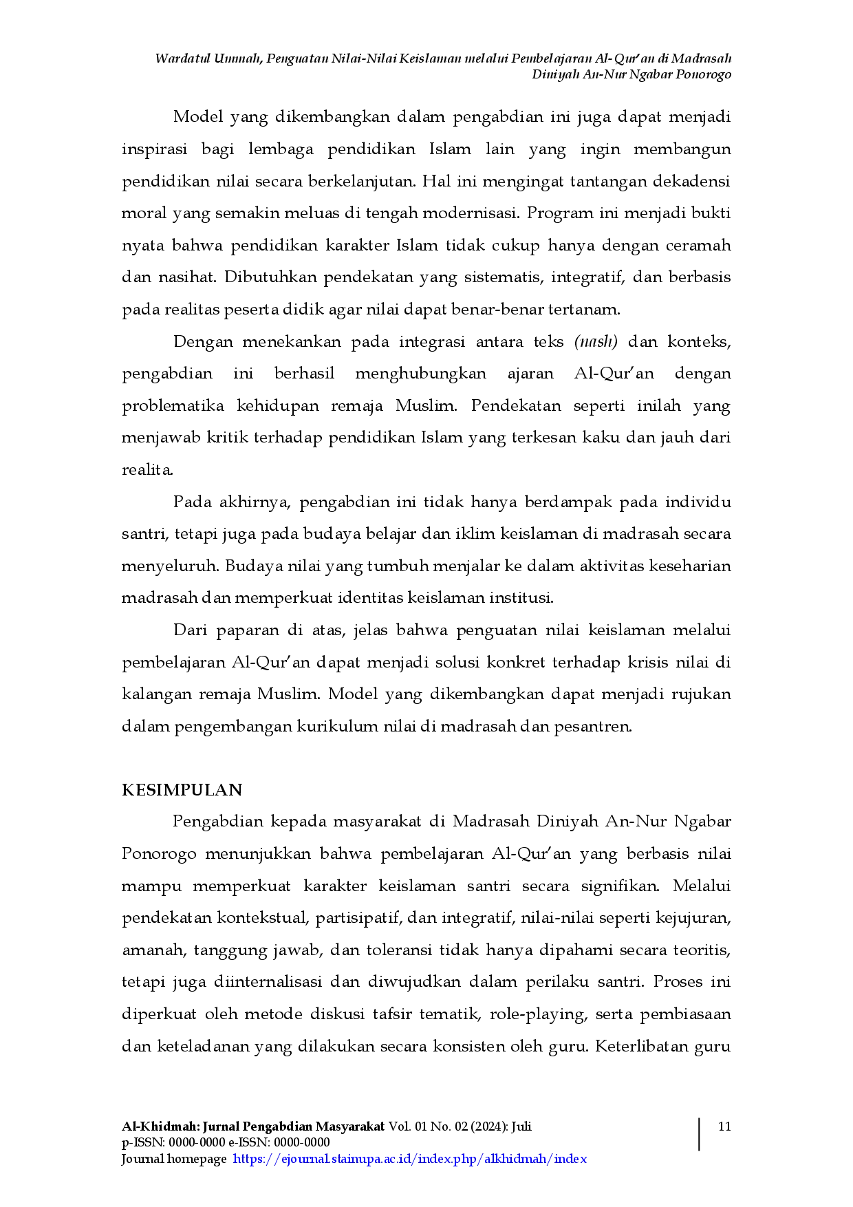 juris Penguatan Nilai Nilai Keislaman Melalui Pembelajaran Al Qur an Di Madrasah Diniyah An Nur Ngabar Ponorogo