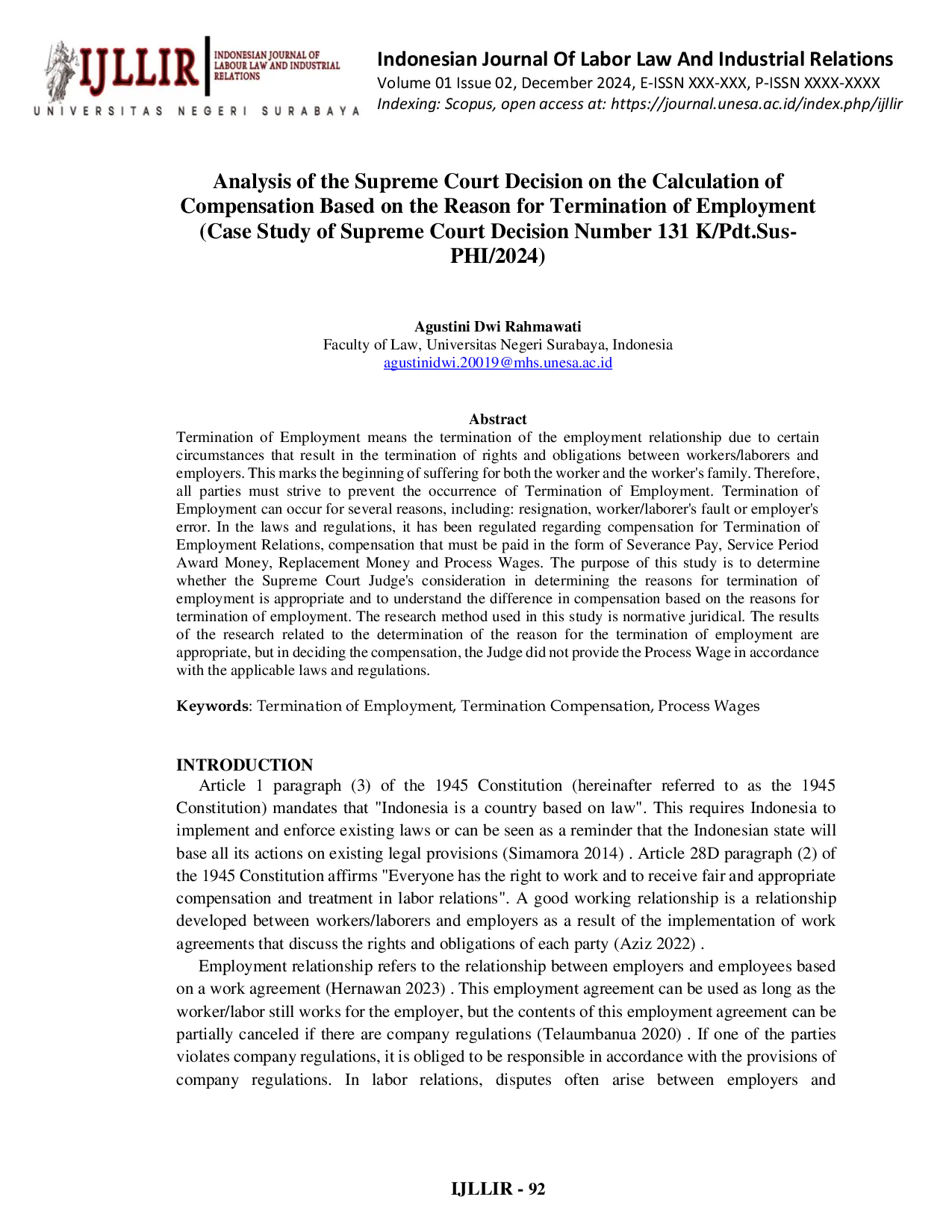 JURIS Analysis of the Supreme Court Decision on the Calculation of Compensation Based on the Reason for Termination of Employment Case Study of Supreme Court Decision Number 131 K Pdt Sus PHI 2024