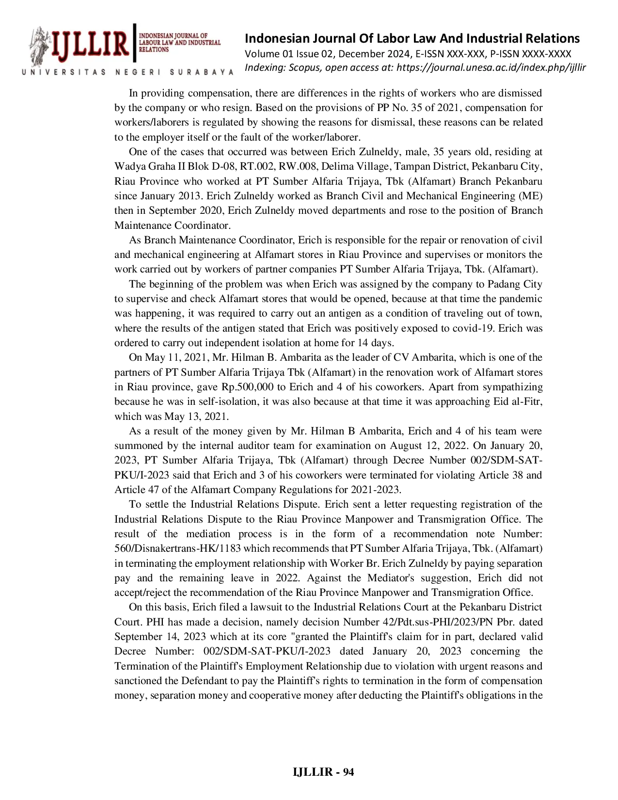 JURIS Analysis of the Supreme Court Decision on the Calculation of Compensation Based on the Reason for Termination of Employment Case Study of Supreme Court Decision Number 131 K Pdt Sus PHI 2024