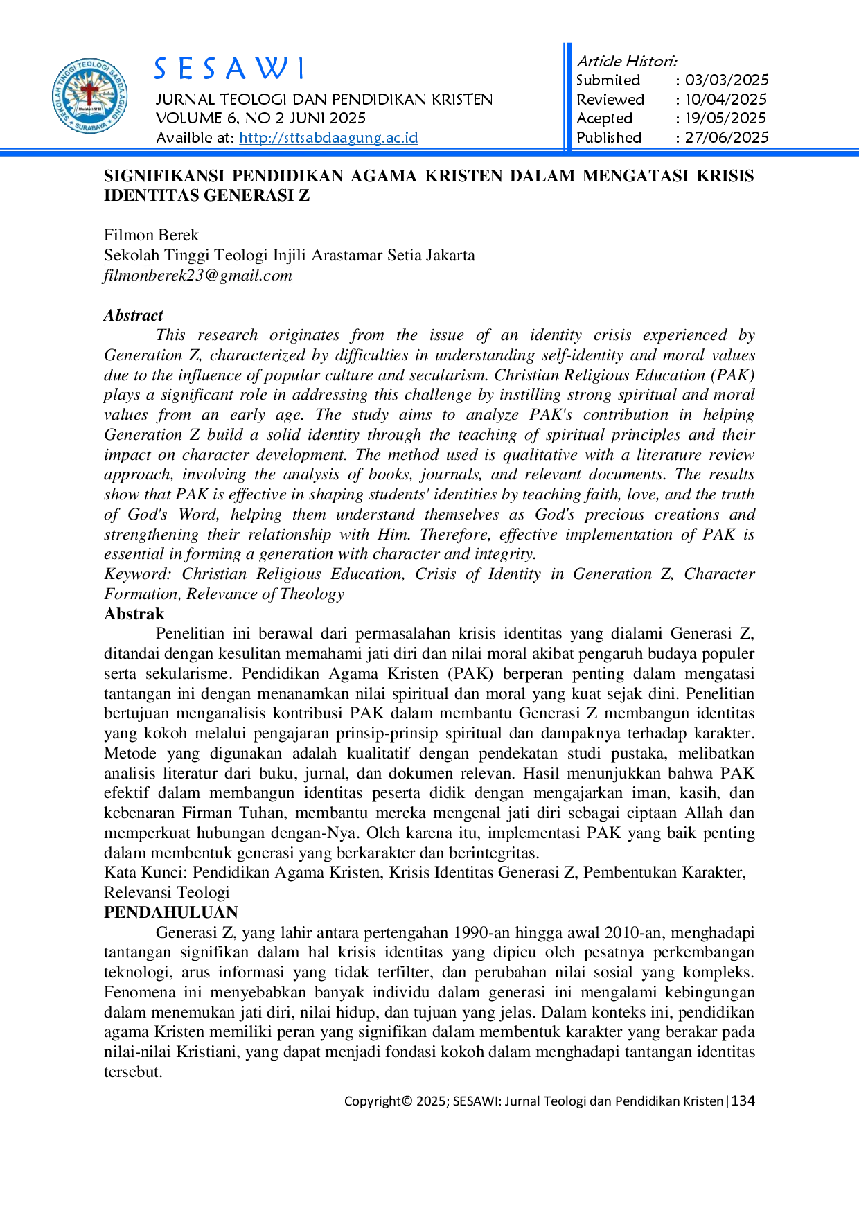 juris Signifikansi Pendidikan Agama Kristen Dalam Mengatasi Krisis Identitas Generasi Z