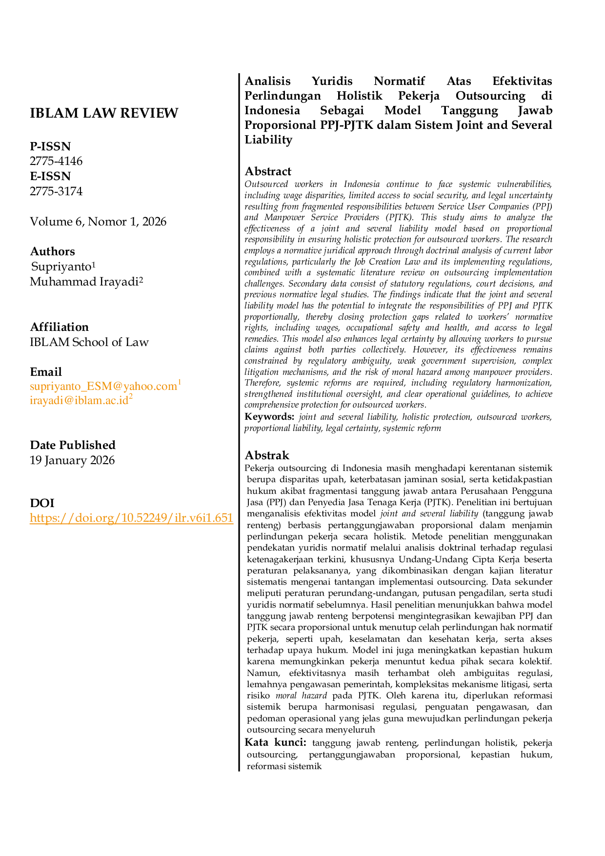 JURIS A Normative Legal Analysis of the Effectiveness of Holistic Protection of Outsourcing Workers in Indonesia as a Model of Proportional Responsibility of PPJ PJTK in the Joint and Several Liability Syst
