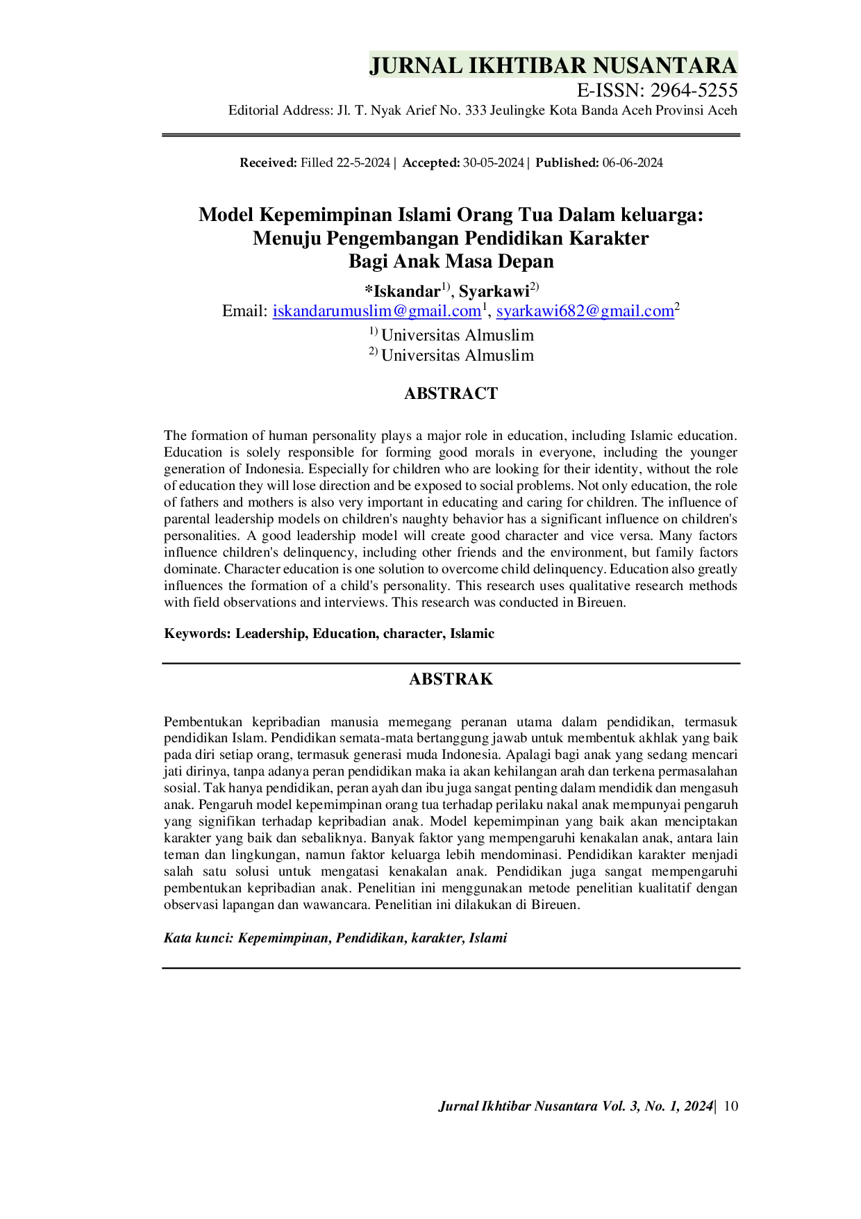 JURIS Model Kepemimpinan Islami Orang Tua Dalam Keluarga Menuju Pengembangan Pendidikan Karakter Bagi Anak Masa Depan