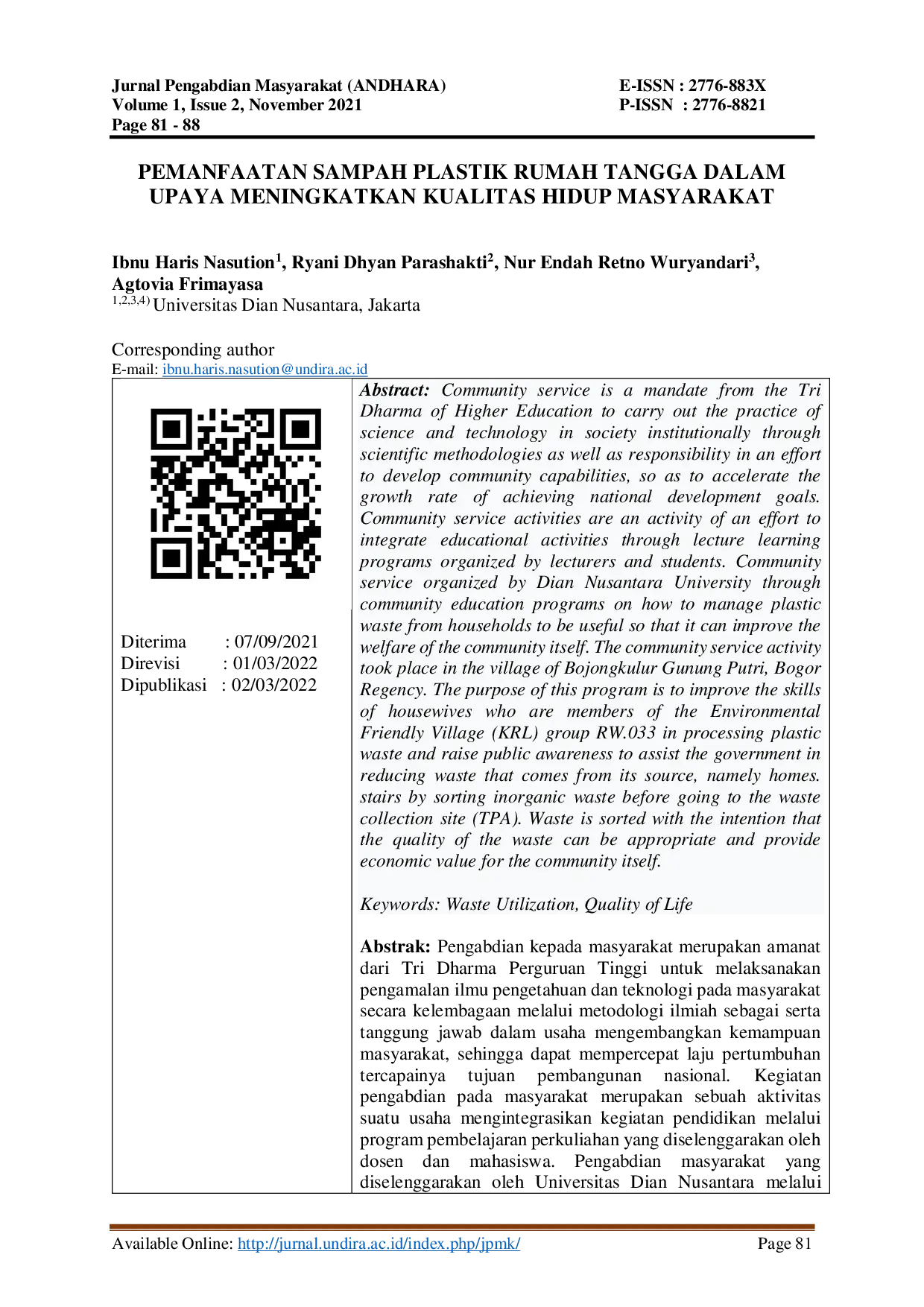 JURIS Pemanfaatan Sampah Plastik Rumah Tangga Dalam Upaya Meningkatkan Kualitas Hidup Masyarakat