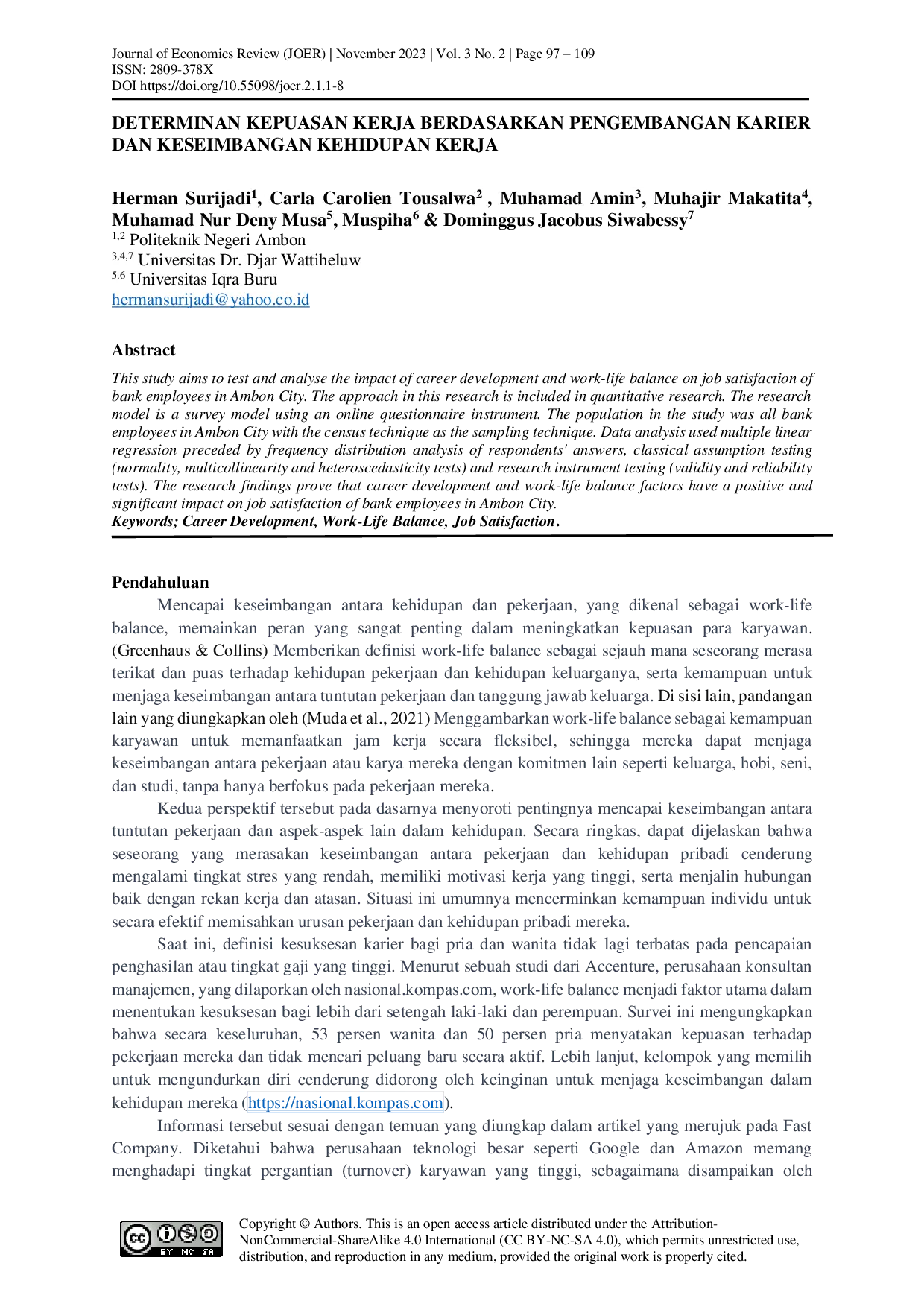 JURIS Determinan Kepuasan Kerja Berdasarkan Pengembangan Karier Dan Keseimbangan Kehidupan Kerja