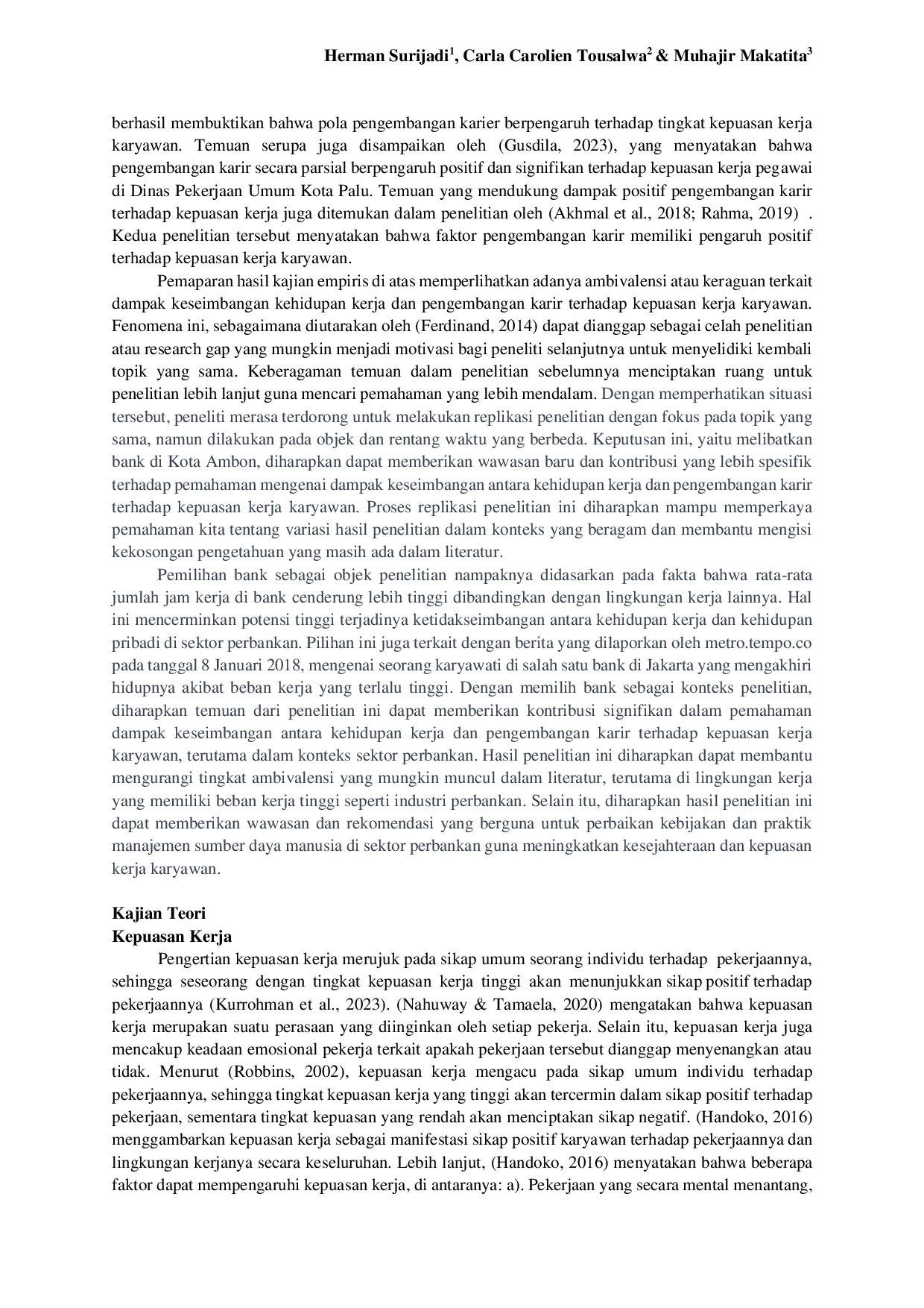 JURIS Determinan Kepuasan Kerja Berdasarkan Pengembangan Karier Dan Keseimbangan Kehidupan Kerja