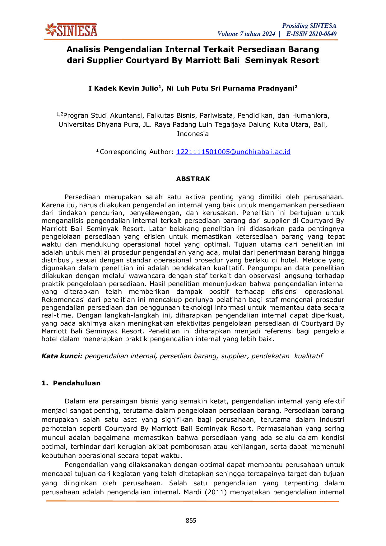 JURIS Analisis Pengendalian Internal Terkait Persediaan Barang dari Supplier Courtyard By Marriott Bali Seminyak Resort