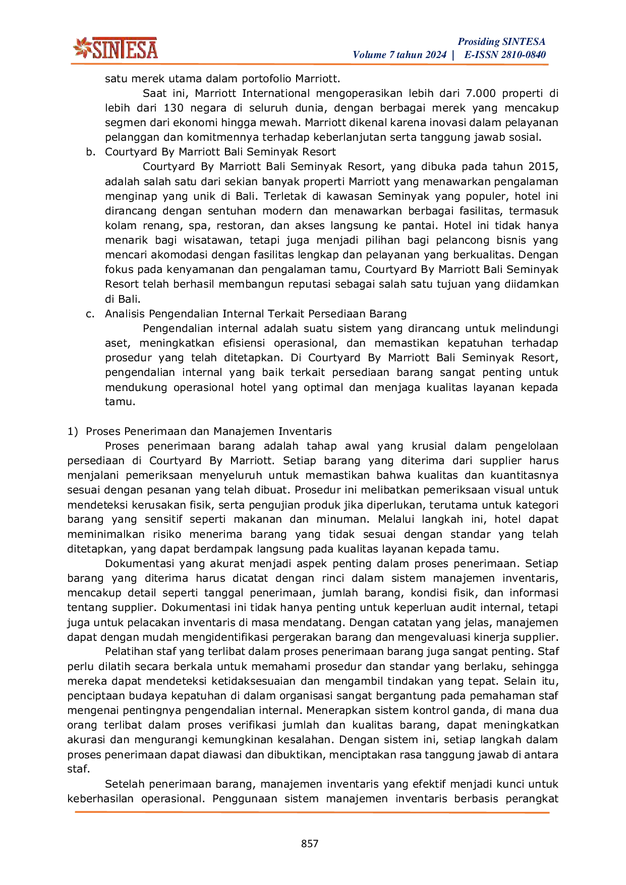 JURIS Analisis Pengendalian Internal Terkait Persediaan Barang dari Supplier Courtyard By Marriott Bali Seminyak Resort