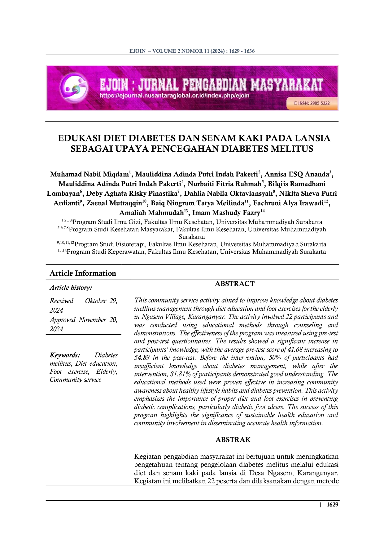 JURIS Edukasi Diet Diabetes Dan Senam Kaki Pada Lansia Sebagai Upaya Pencegahan Diabetes Melitus