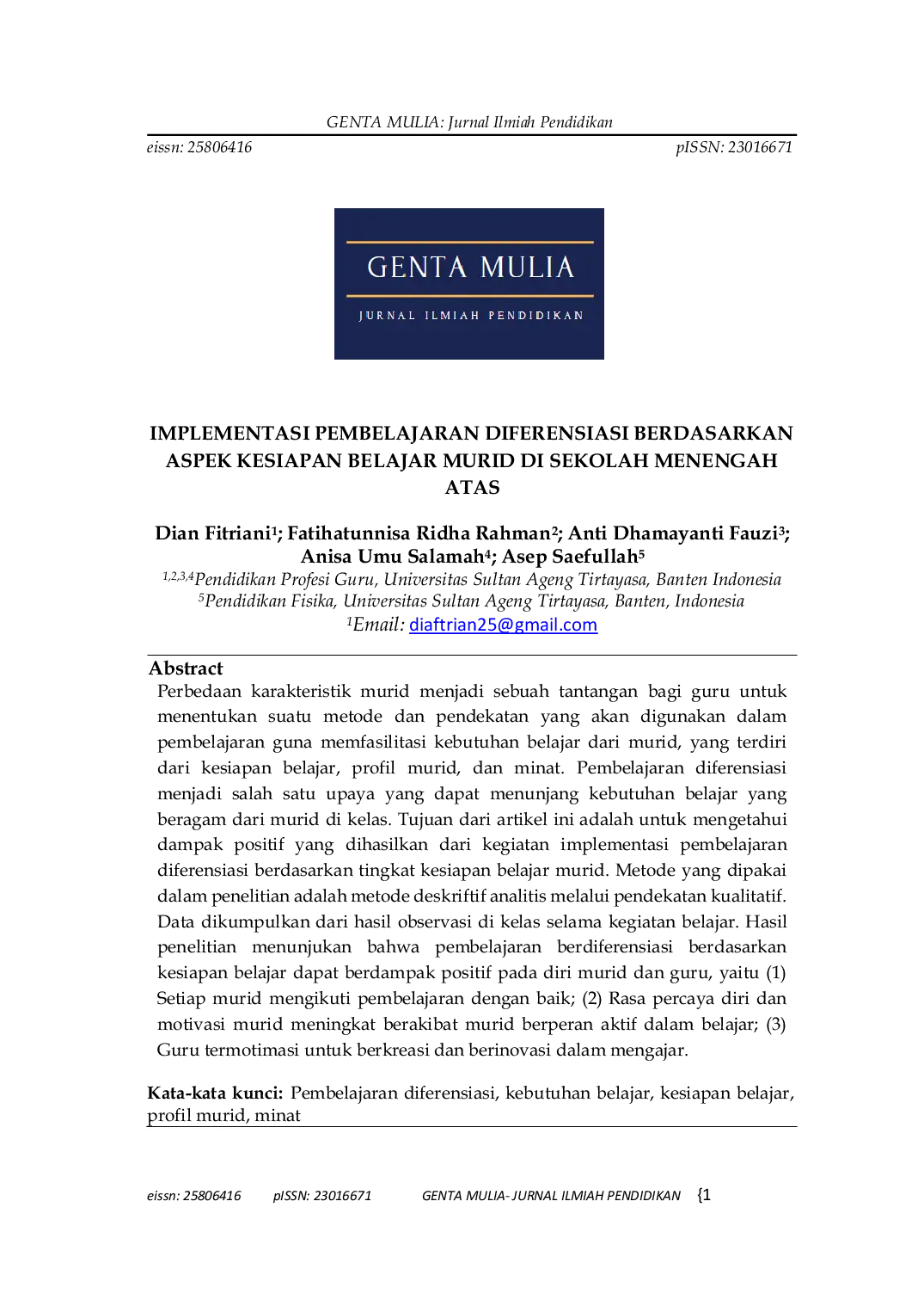 JURIS Implementasi Pembelajaran Diferensiasi Berdasarkan Aspek Kesiapan Belajar Murid di Sekolah Menengah Atas