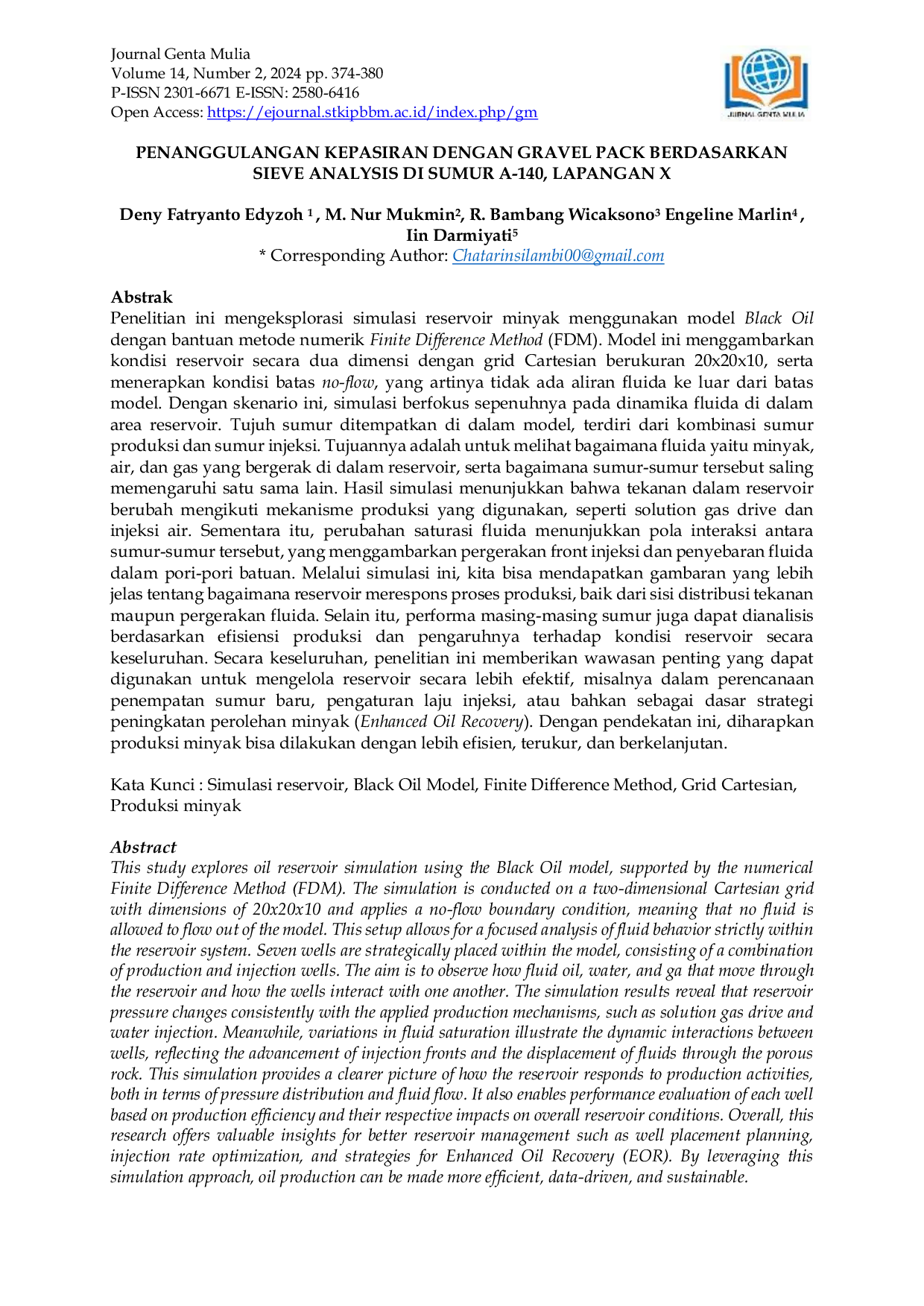 JURIS Penanggulangan Kepasiran Dengan Gravel Pack Berdasarkan Sieve Analysis Di Sumur A 140 Lapangan X