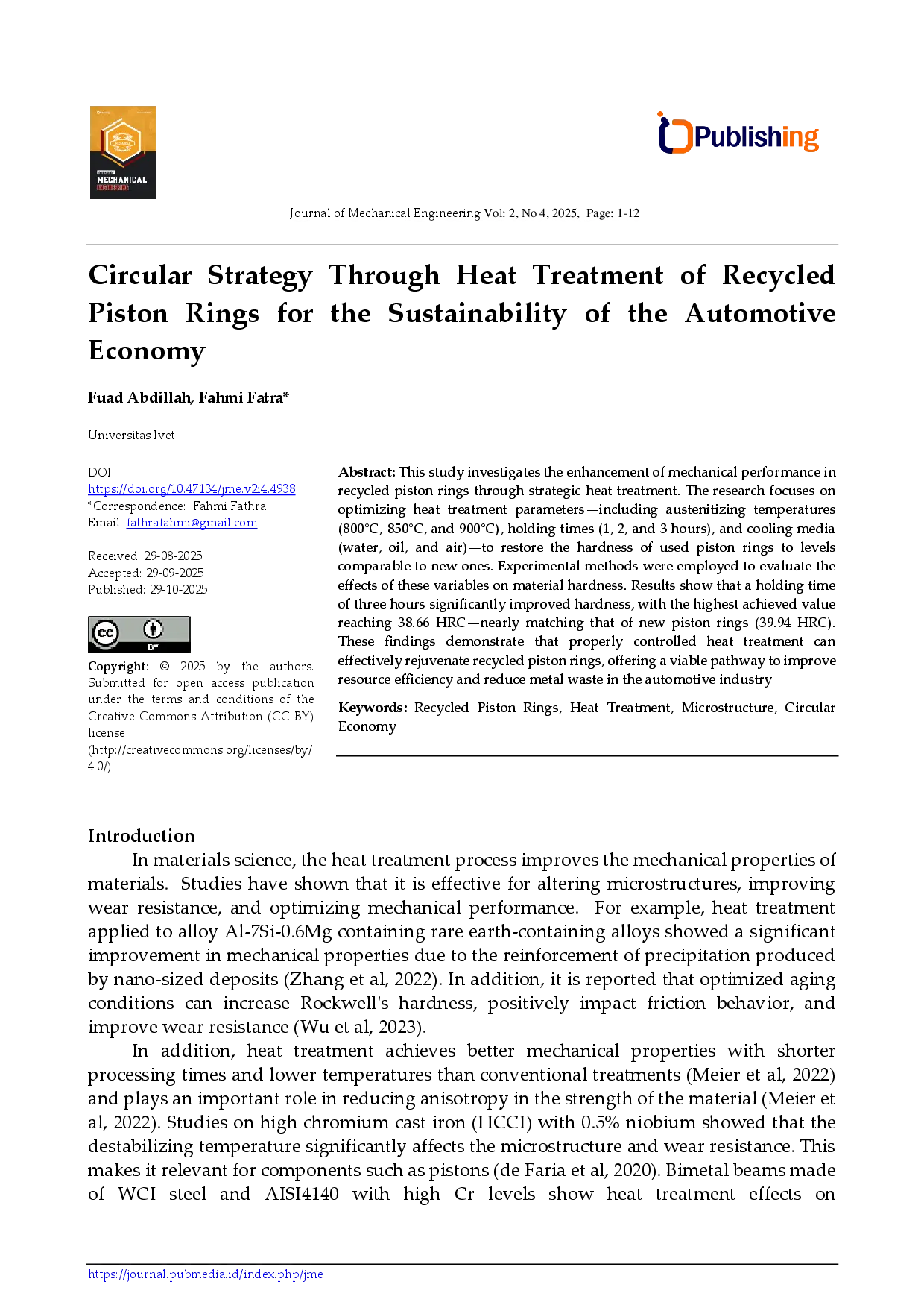 juris Circular Strategy Through Heat Treatment of Recycled Piston Rings for the Sustainability of the Automotive Economy